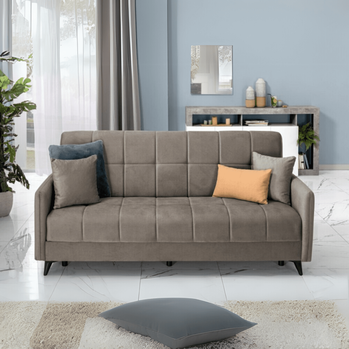 Divano letto a 3 posti contenitore "Santi Bacos" in velluto con 2 cuscini cm 211x92 98h - MondoViro