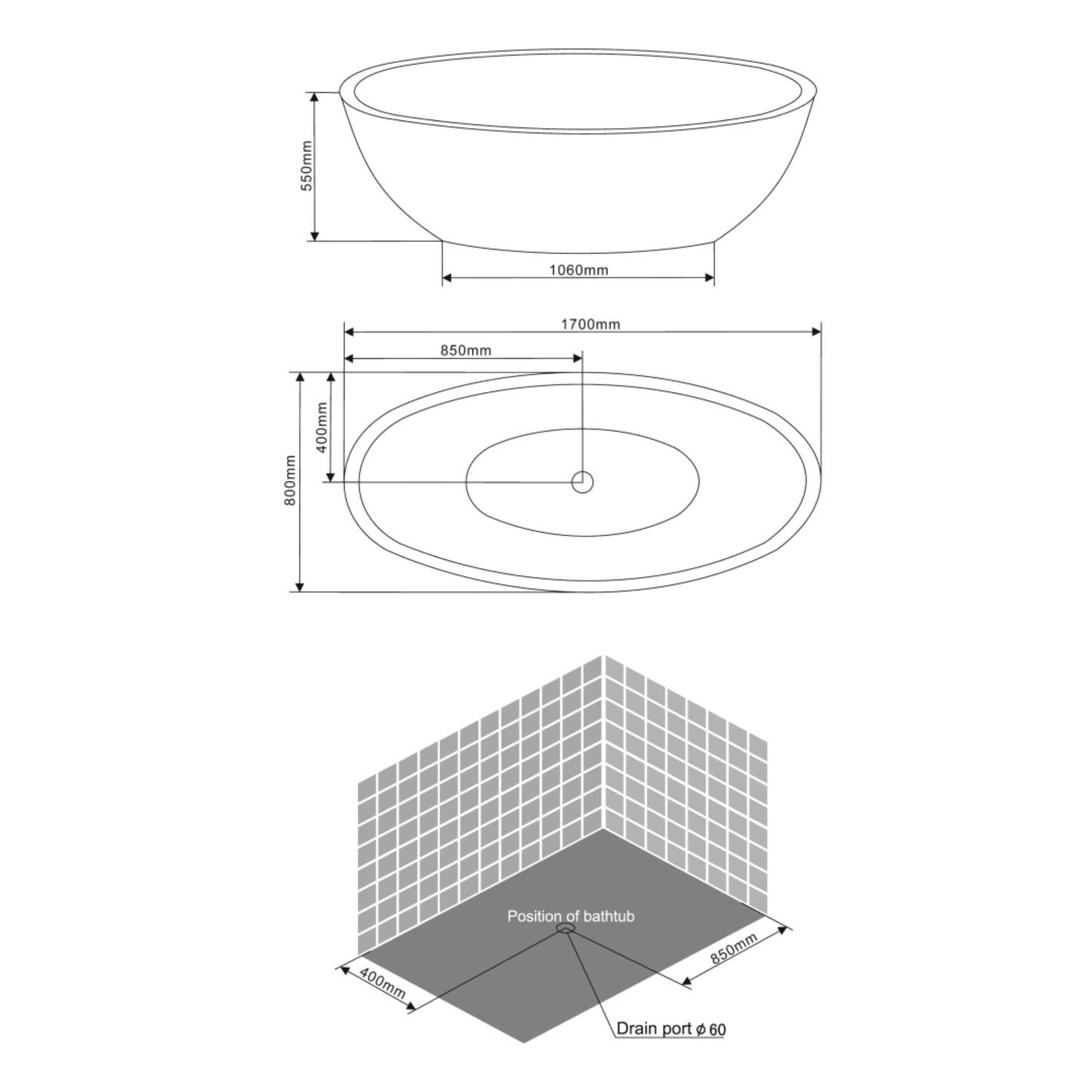 Vasca da bagno a centro stanza "Arianna" in acrilico bianco cm 170x80 55h