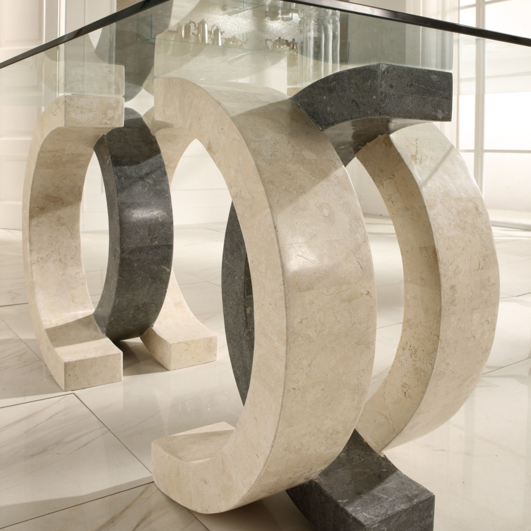 Tavolo da pranzo in pietra "Coco" top in vetro temperato cm 180x100 76h