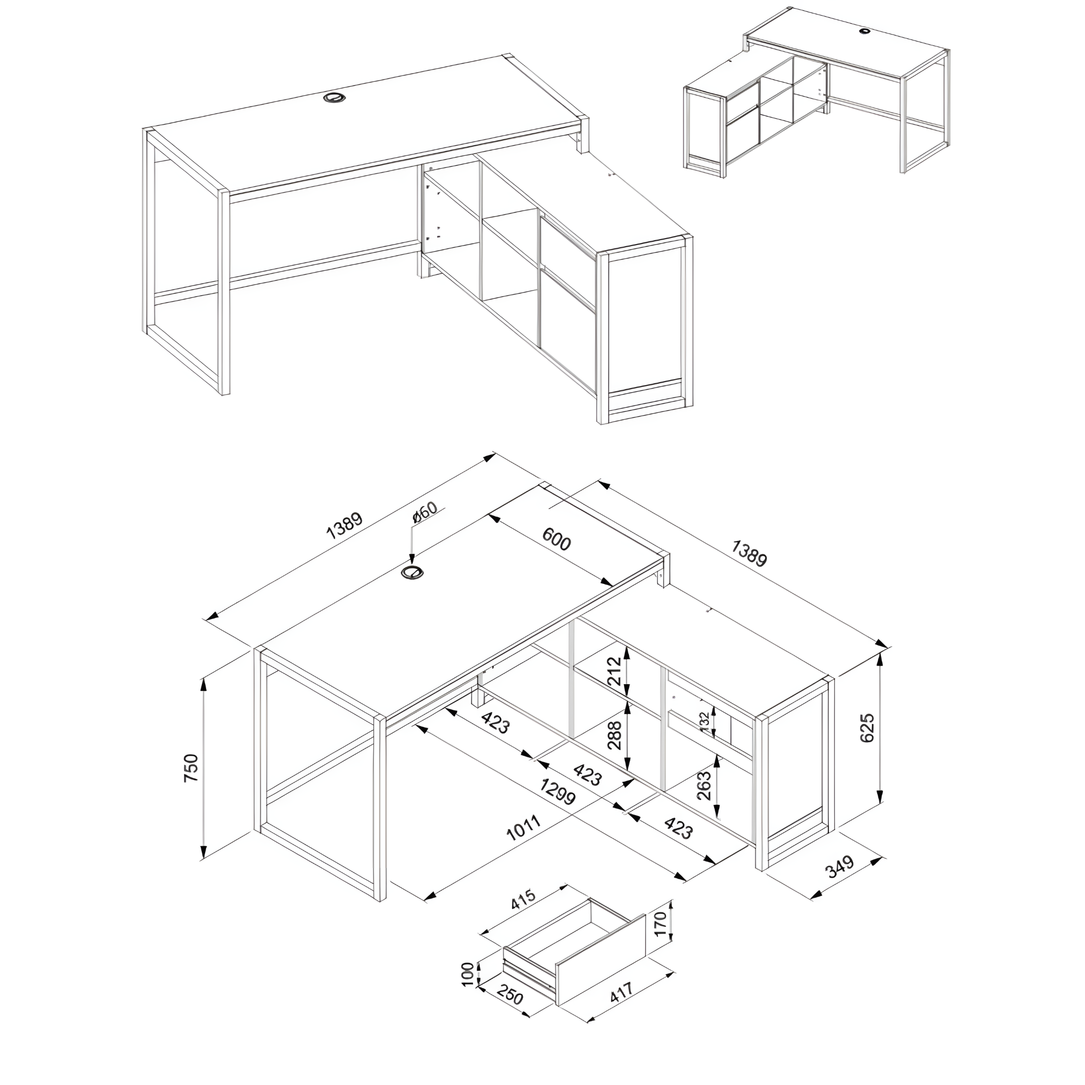 Scrivania moderna "Denver" angolare reversibile antracite quercia cm 142x139 75h