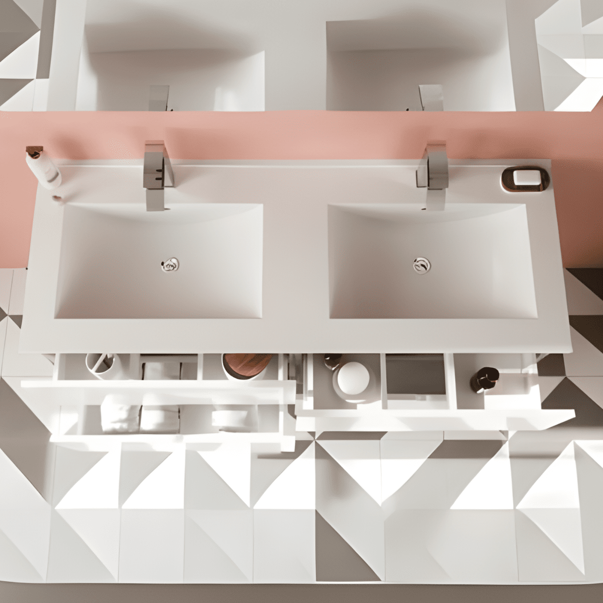 Mobile bagno sospeso moderno "Sara" in legno con 2 cassetti lavabo e specchio LED - MondoViro