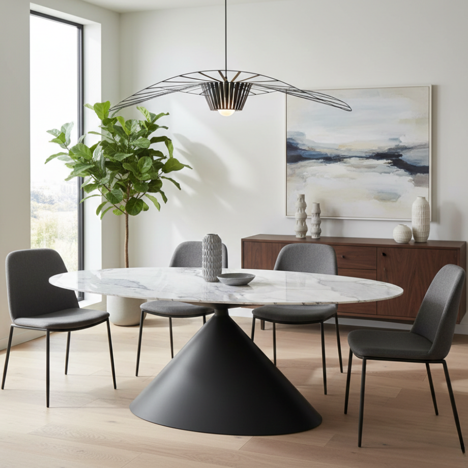 Tavolo ovale fisso "Corte" con piano effetto marmo e base in metallo verniciata a polvere cm 200x80 76h