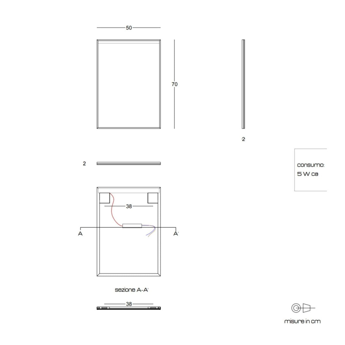 Specchio con striscia a led rettangolare "Sombra" telaio nero opaco - MondoViro