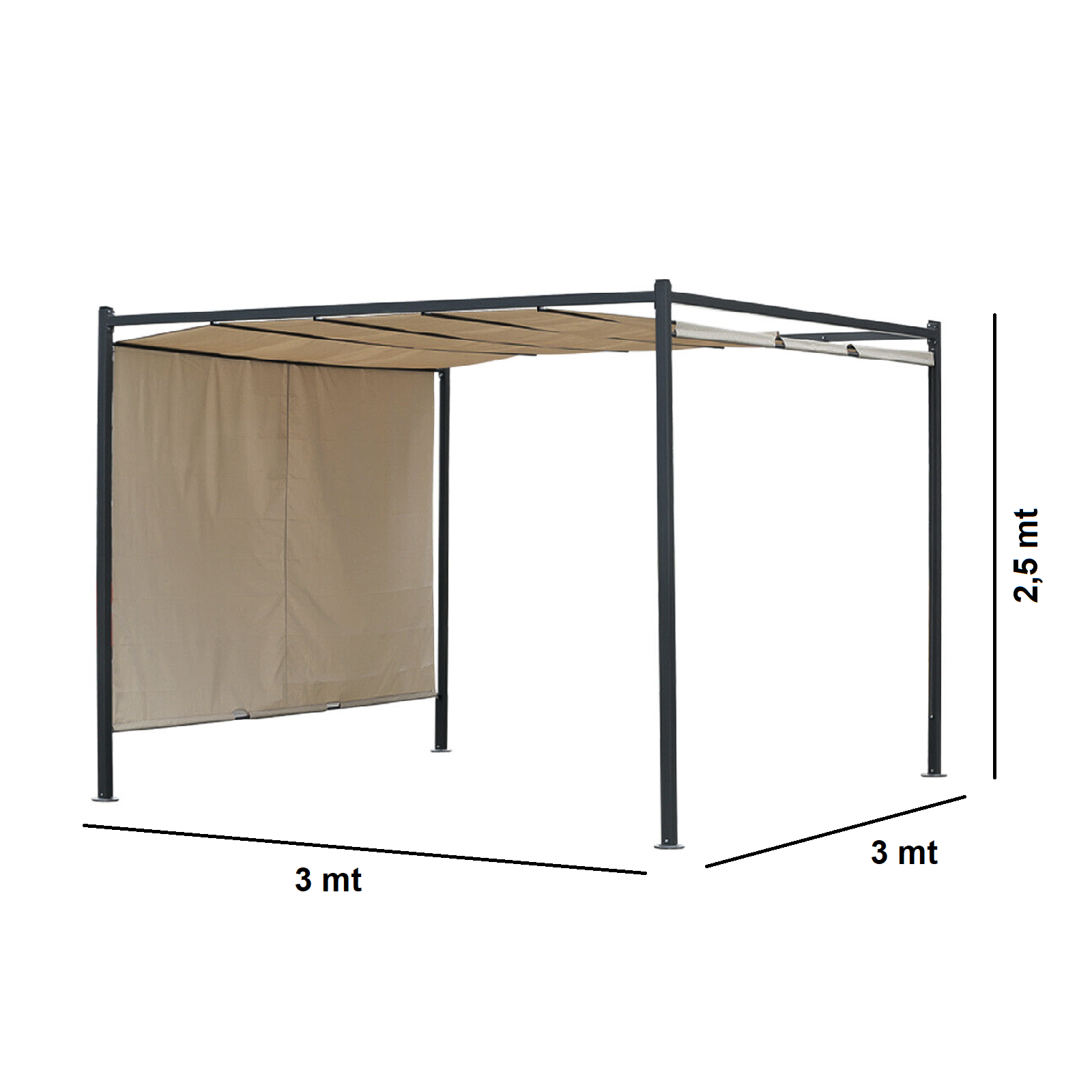Pergola in acciaio con telo scorrevole di copertura écru cm 300x300 250h