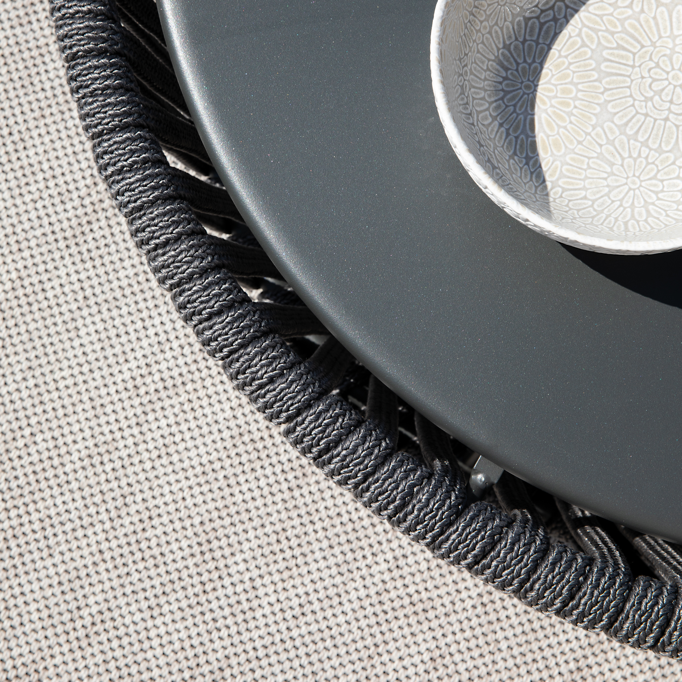 Pouf tavolino in corda e acciaio inox "Daisy Rope" tavolo basso da giardino cm 90x90 45h