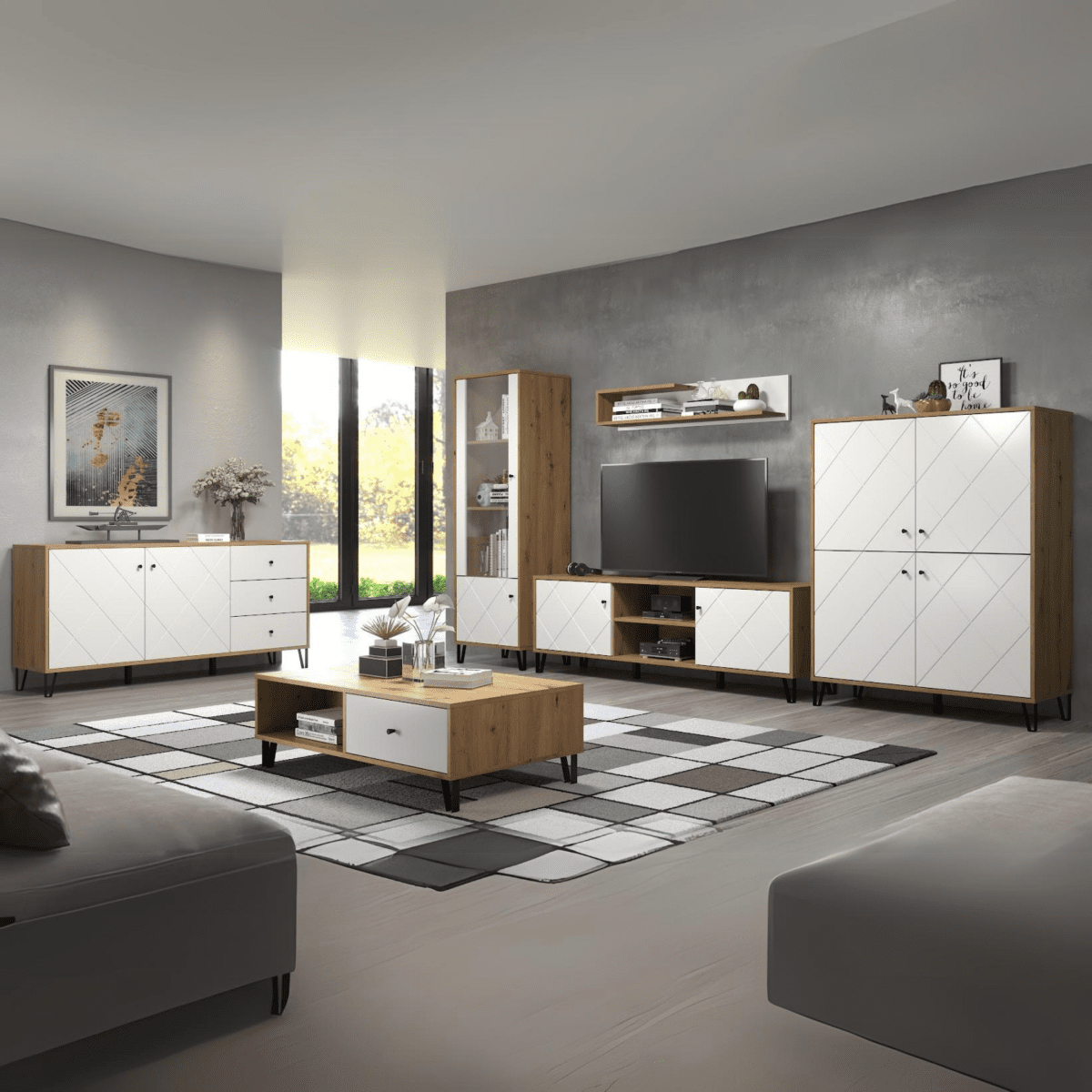 Set mobili da soggiorno "Living Bollo" in legno rovere artisan e bianco - MondoViro