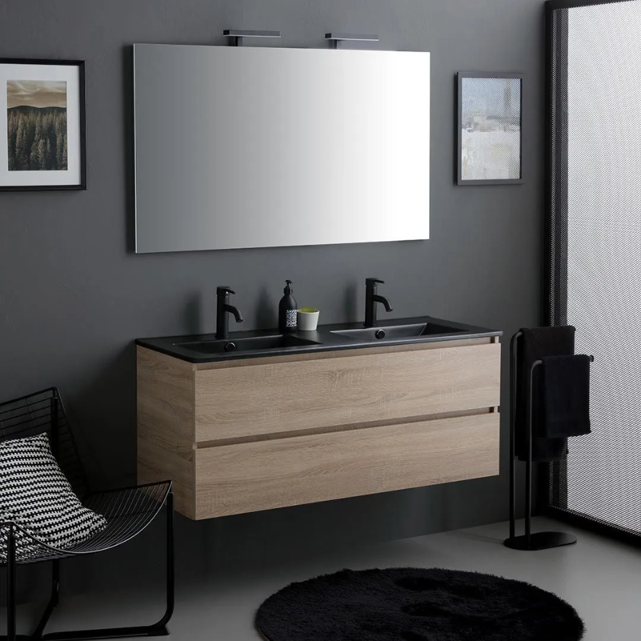 Mobile bagno sospeso 2 cassetti "Berlino120" color rovere con doppio lavabo nero e specchio