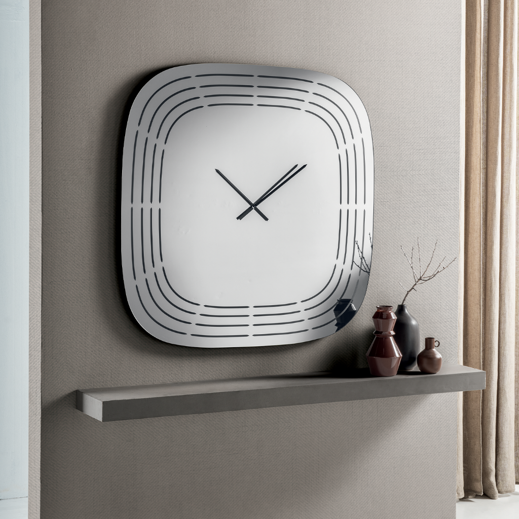 Orologio a parete in vetro specchiato con incisioni laser cm 120×120h
