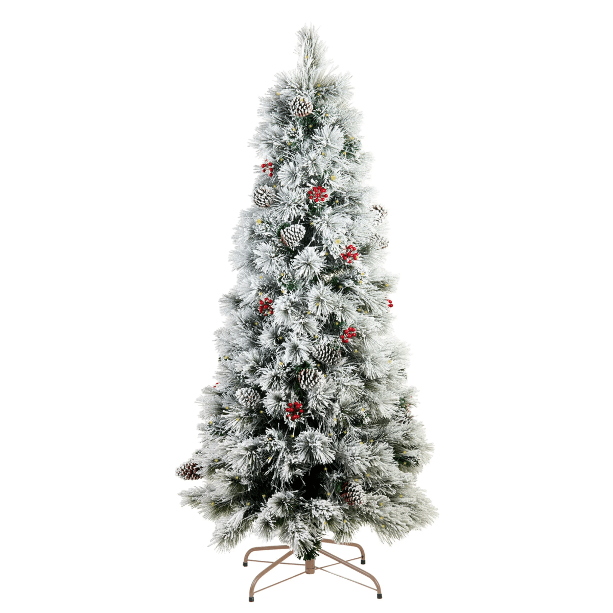 Albero di Natale innevato "Candore" con LED, bacche e pigne in PP Effetto aggi di pino + Flock cm 210h - MondoViro