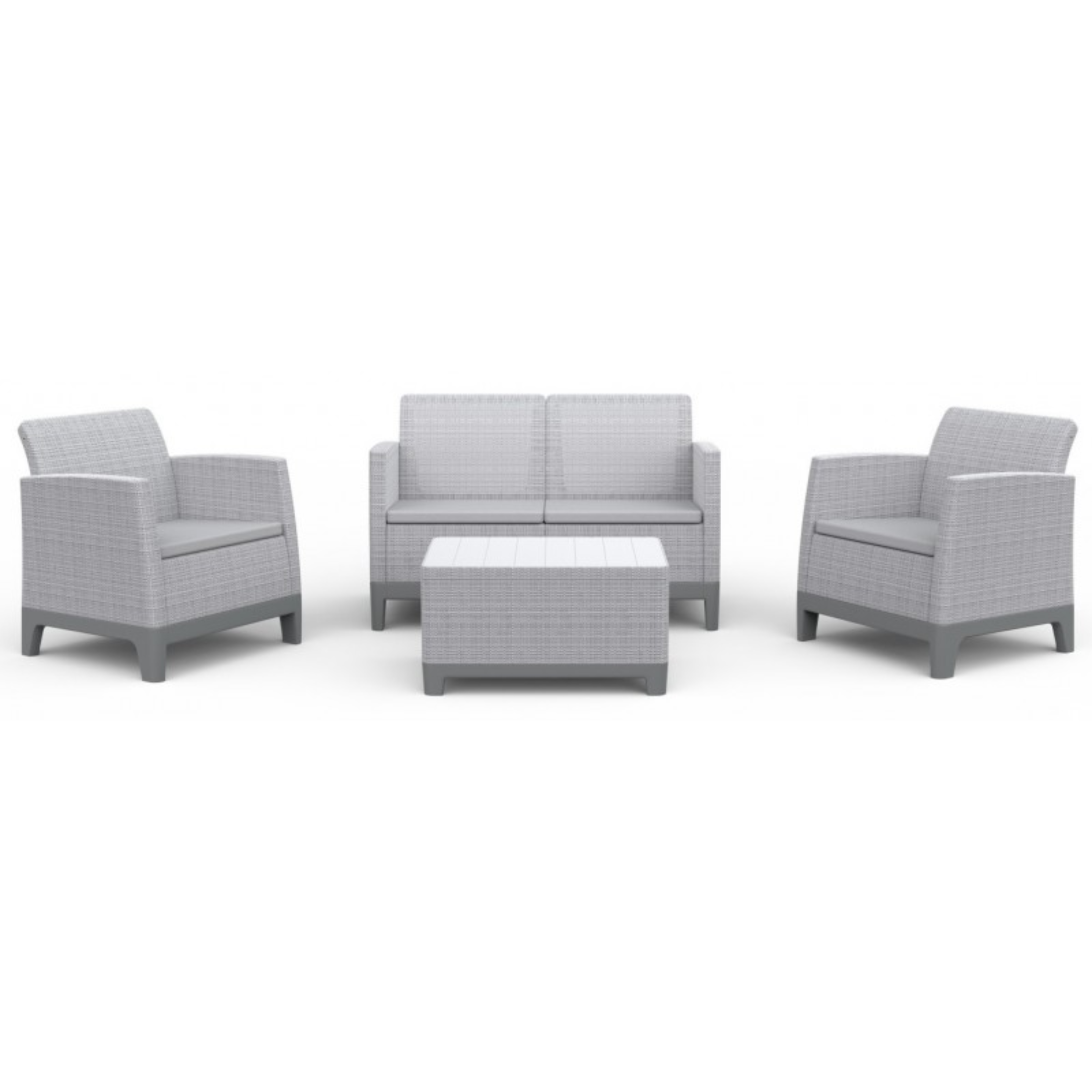 Set salottino "Roselune" da esterno con 2 poltrone, divano e tavolino contenitore grigio chiaro