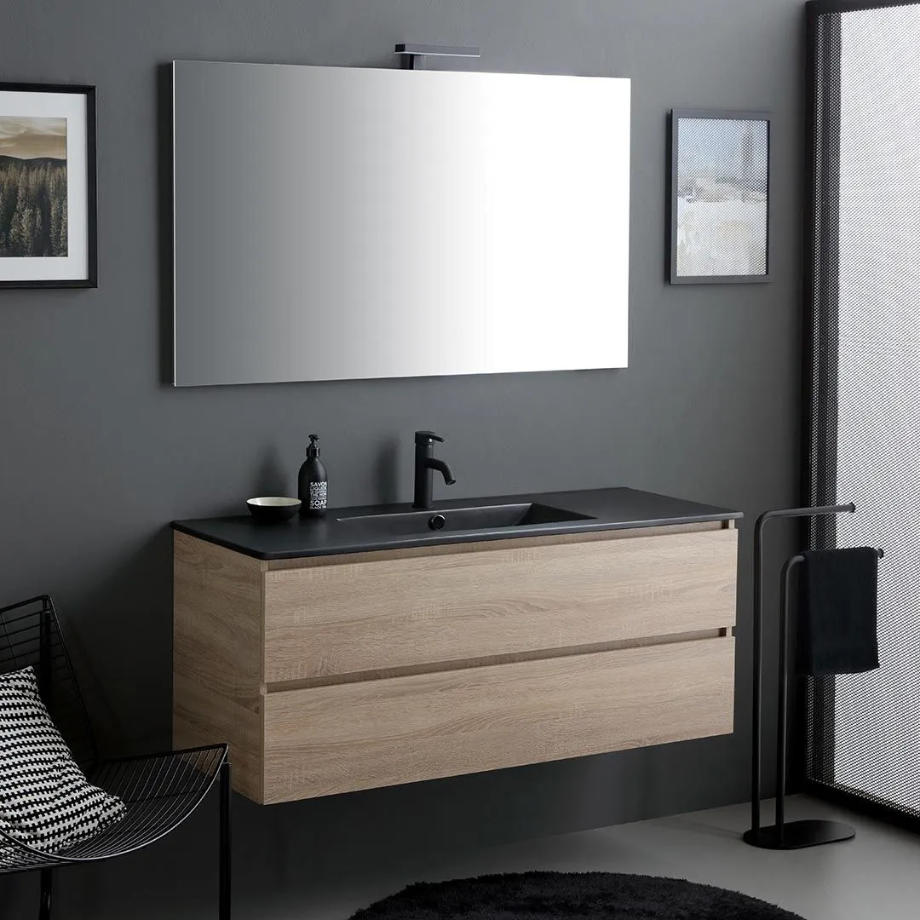 Mobile bagno sospeso 2 cassetti "Berlino120" color rovere con lavabo nero e specchio
