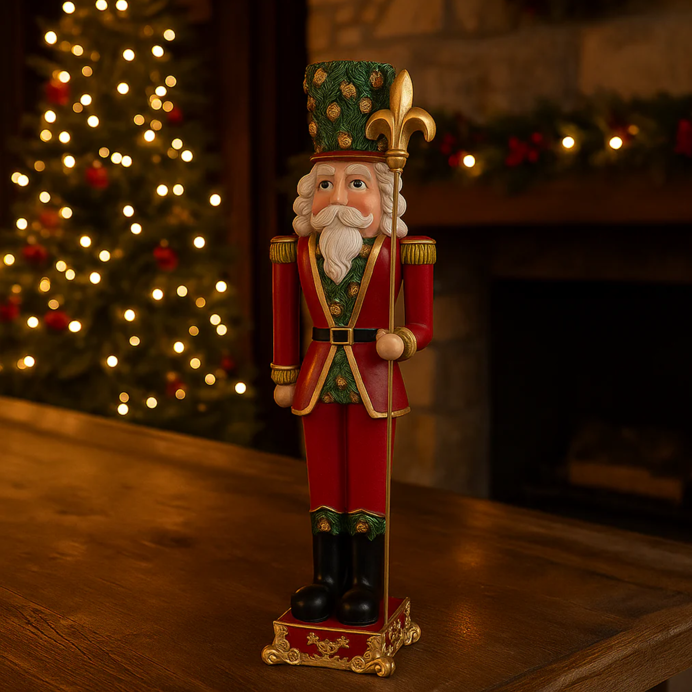 Soldatino natalizio rosso e verde in resina con alabarda decorativa in mano cm 51,5h