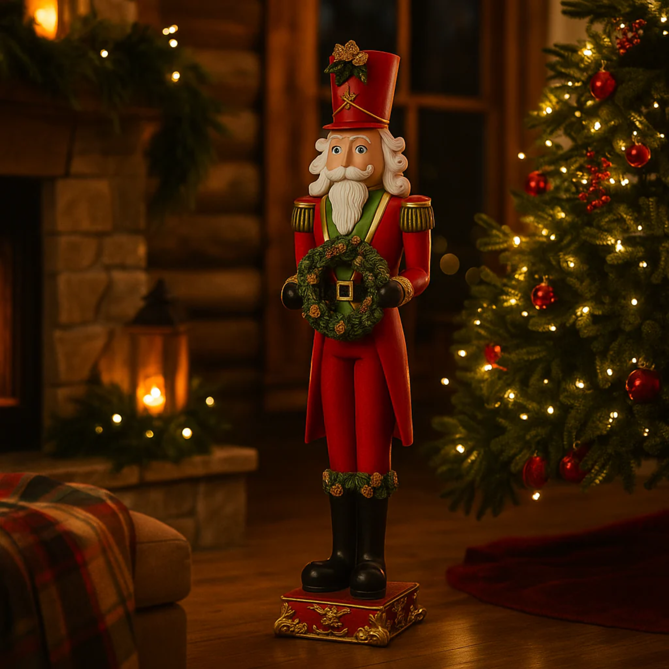 Soldatino natalizio rosso e verde in resina con ghirlanda decorativa integrata con glitter cm 60h