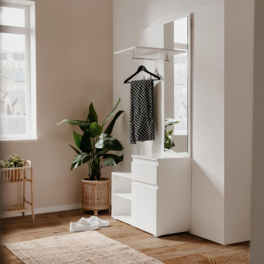 Mobile da ingresso “Image” bianco con specchio incluso e 3 ganci appendiabiti cm 85x37 195h