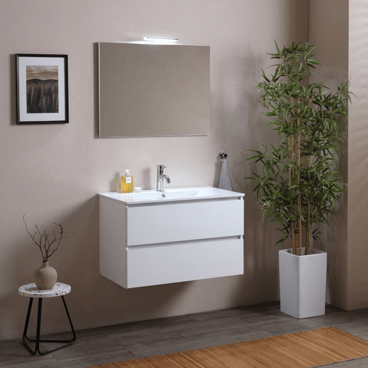 Mobile da bagno bianco "Belize80" sospeso con due cassetti e lavabo in ceramica - MondoViro