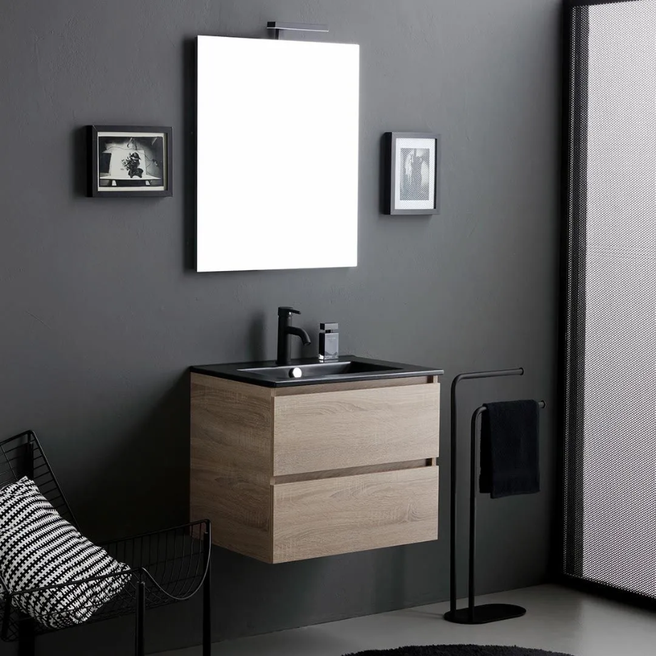 Mobile bagno sospeso 2 cassetti "Berlino60" color rovere con lavabo nero e specchio