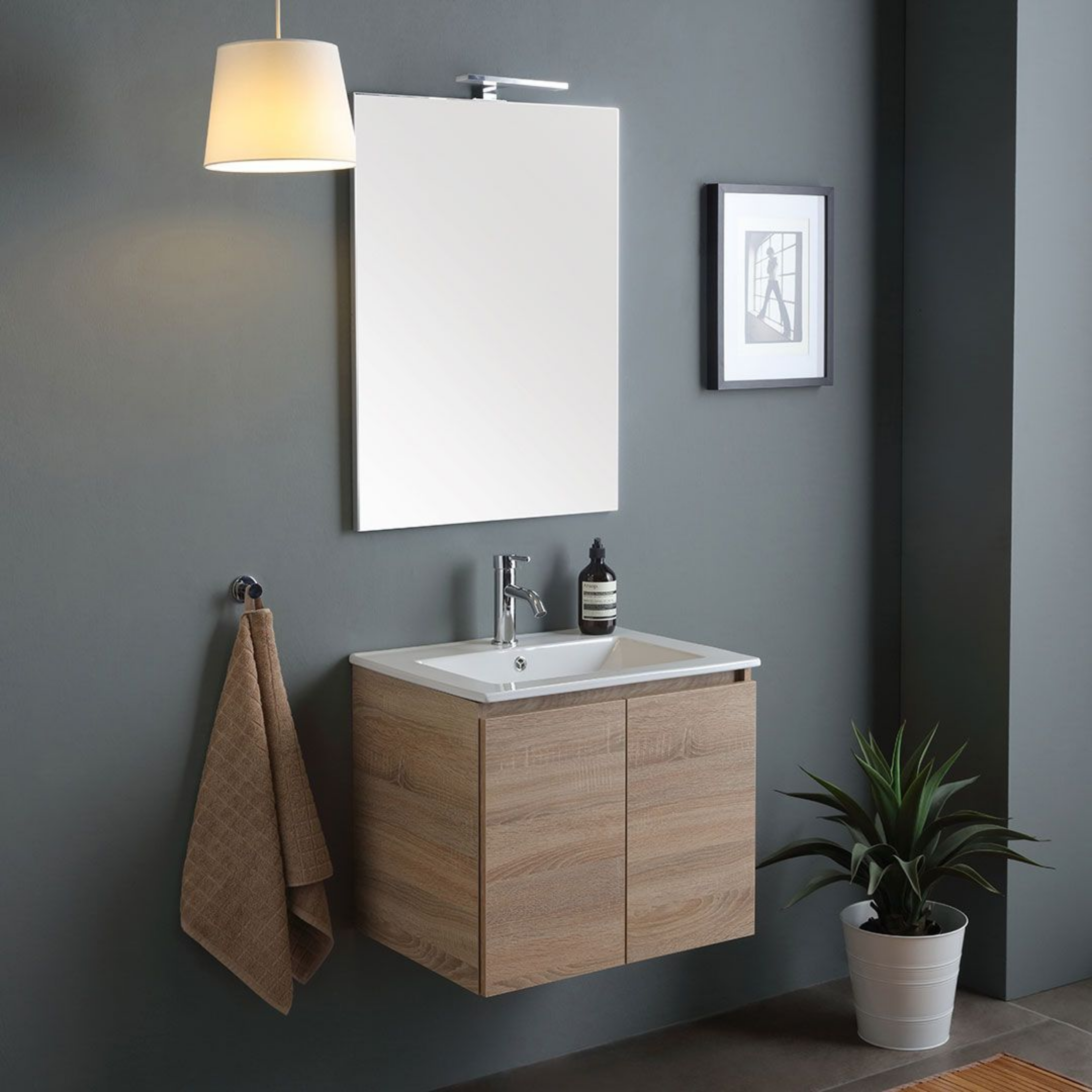 Mobile bagno sospeso 60 cm rovere "Belize" con 2 ante lavabo in ceramica e specchio 60x80 cm