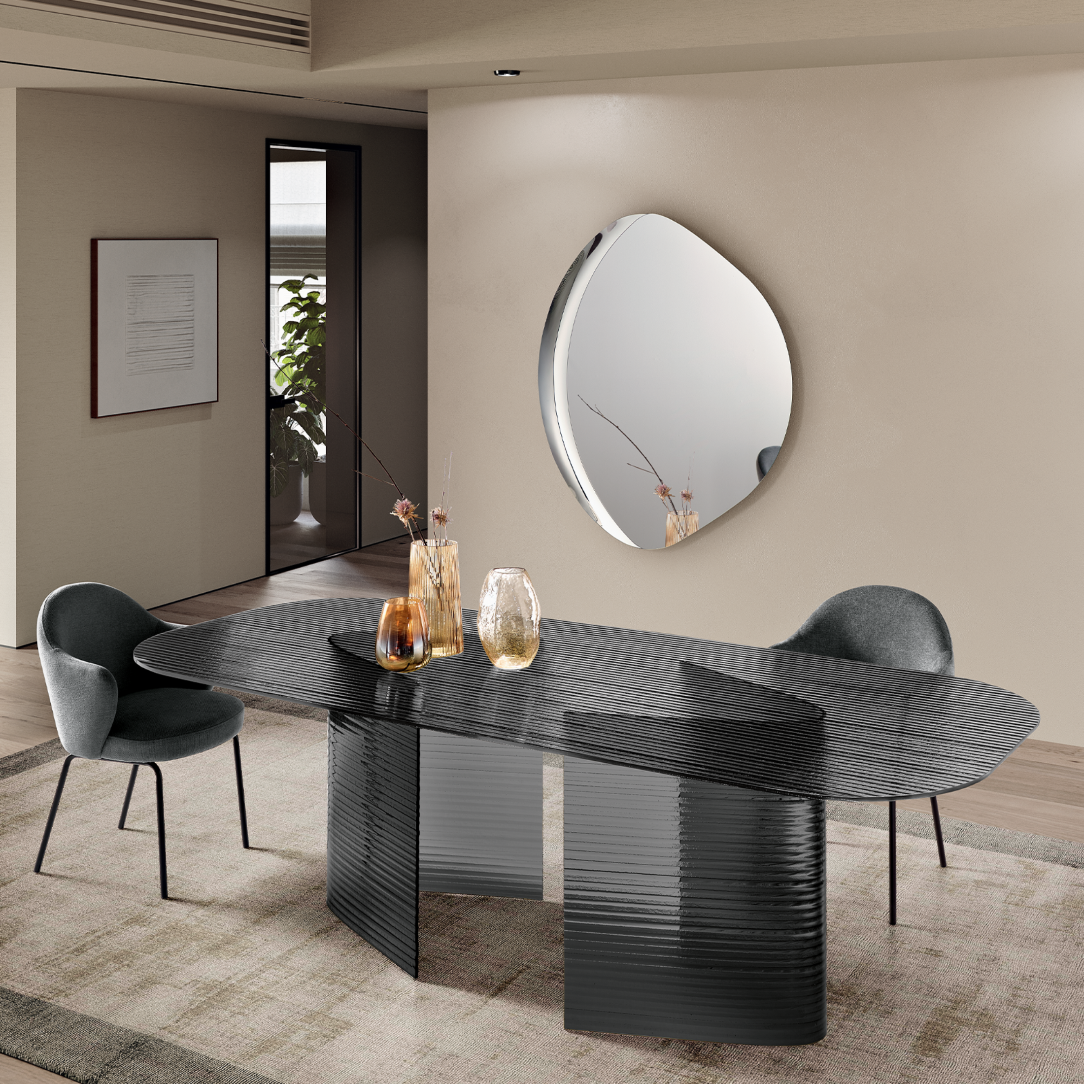 Tavolo rettangolare fisso "Lovely" rigato trasparente con gambe in vetro cm 240x120 77h