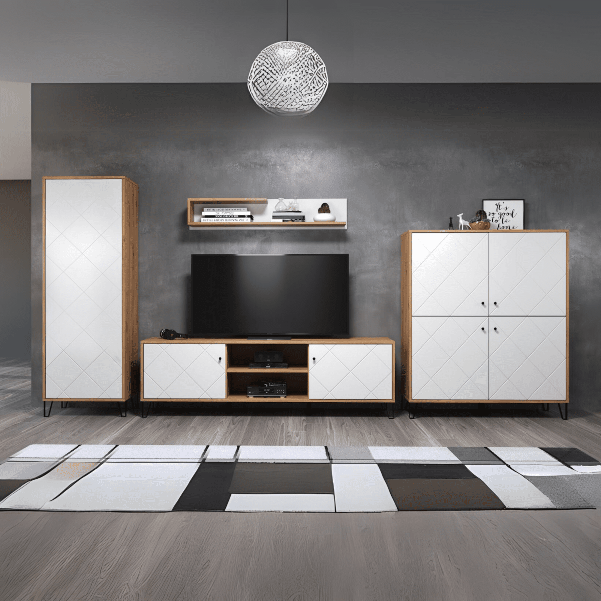 Set mobili da soggiorno "Living Bollo" in legno rovere artisan e bianco - MondoViro