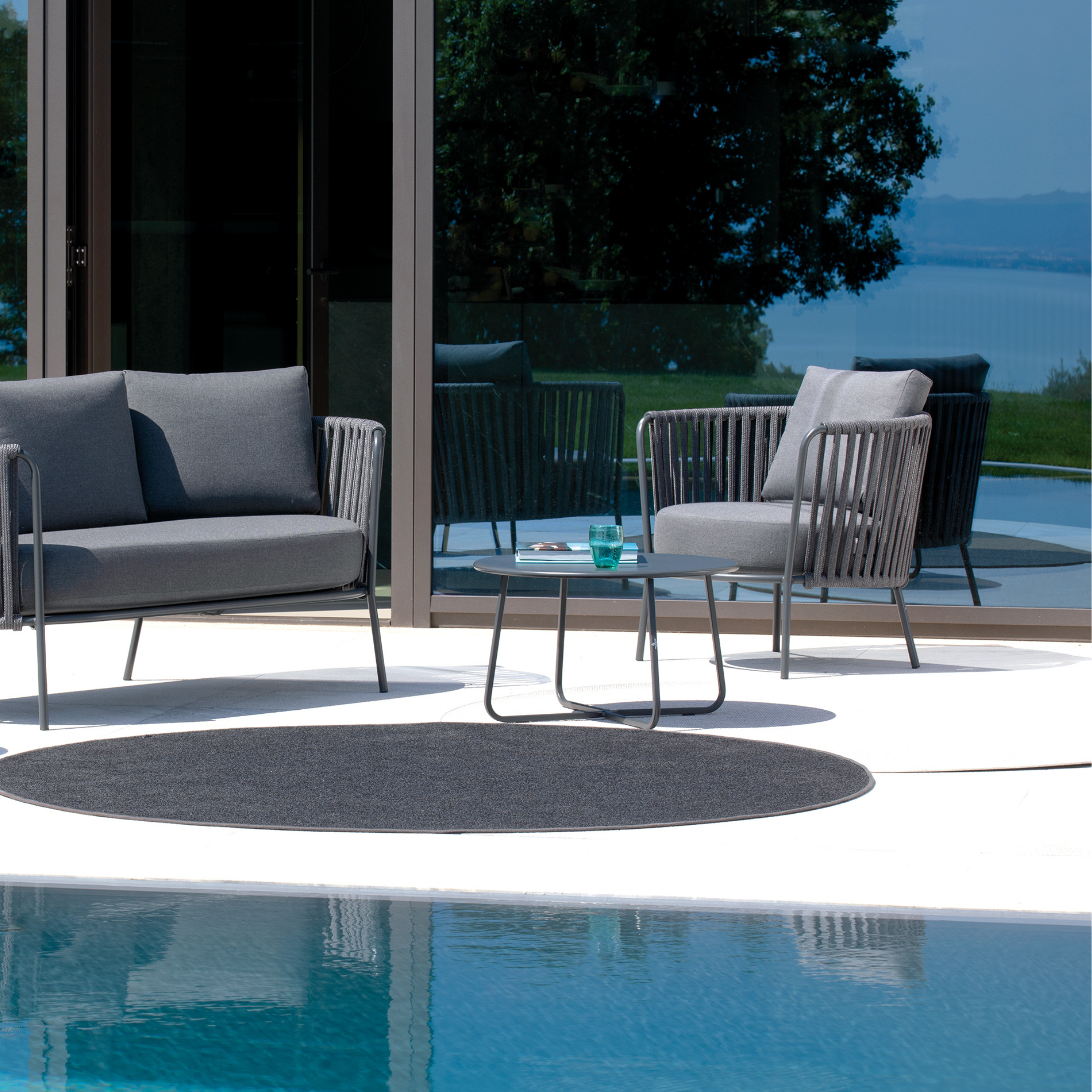 Poltrona bassa maxi in corda e acciaio inox "Daisy Rope" sedia lounge da giardino cm 104x104 71h