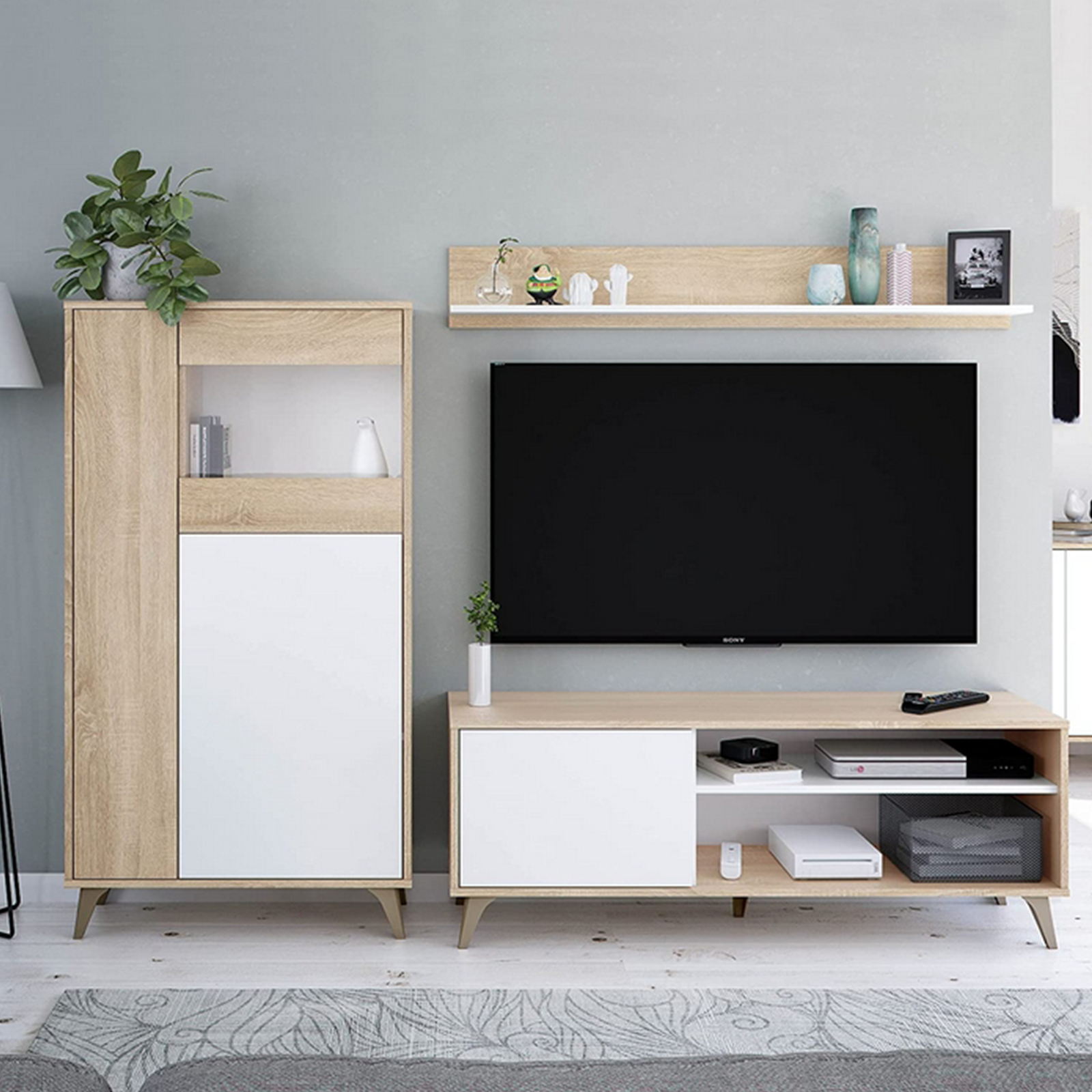 Kit Mobile moderno Kikua con vetrina bianco rovere a 3 ante da soggiorno