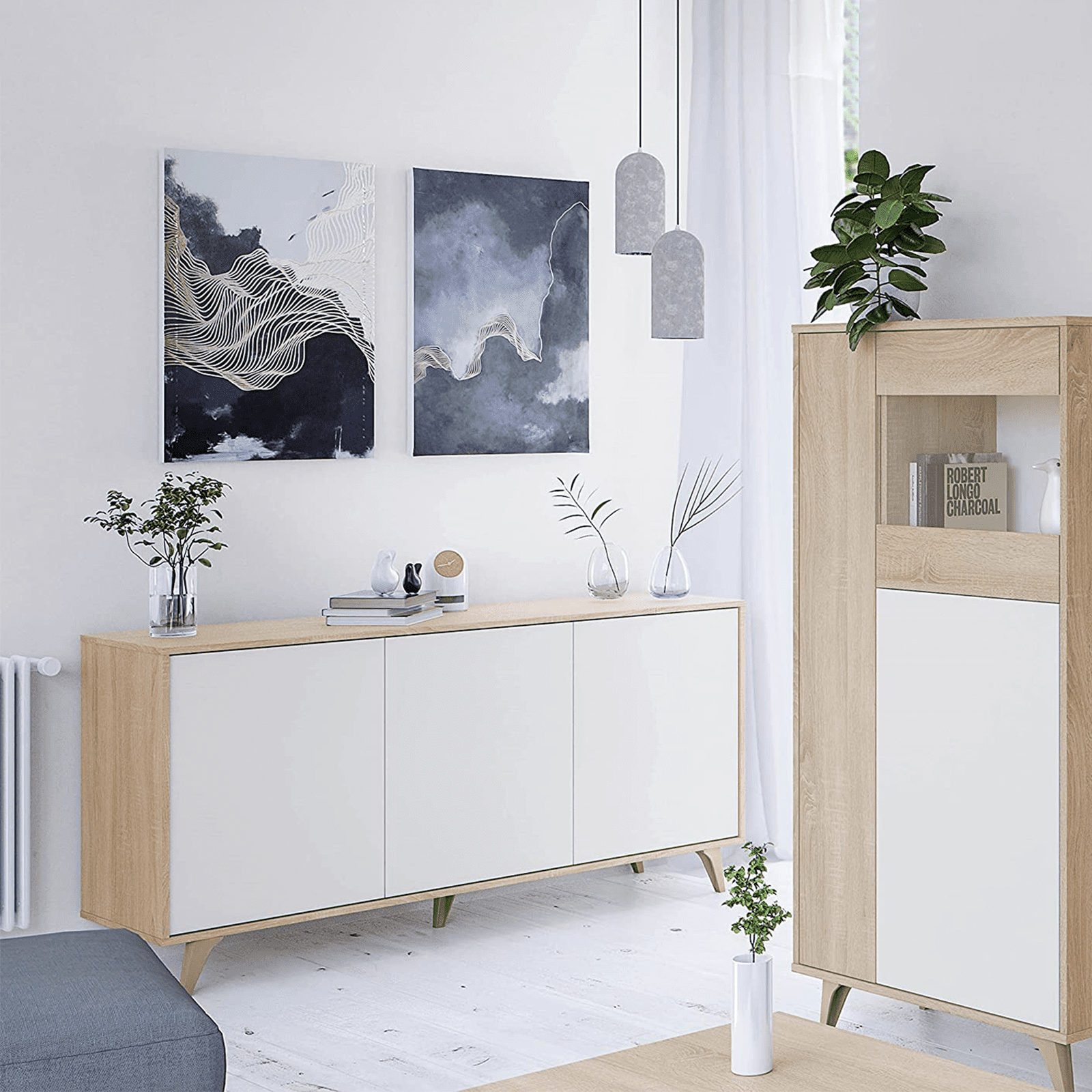 Credenza a 3 ante Kikua rovere bianco da soggiorno cm 154x40 75h