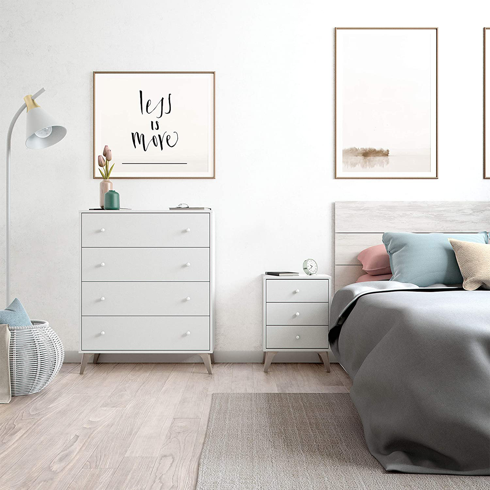 Set mobili per camera da letto Sweet cassettiera e comodino in truciolare bianco