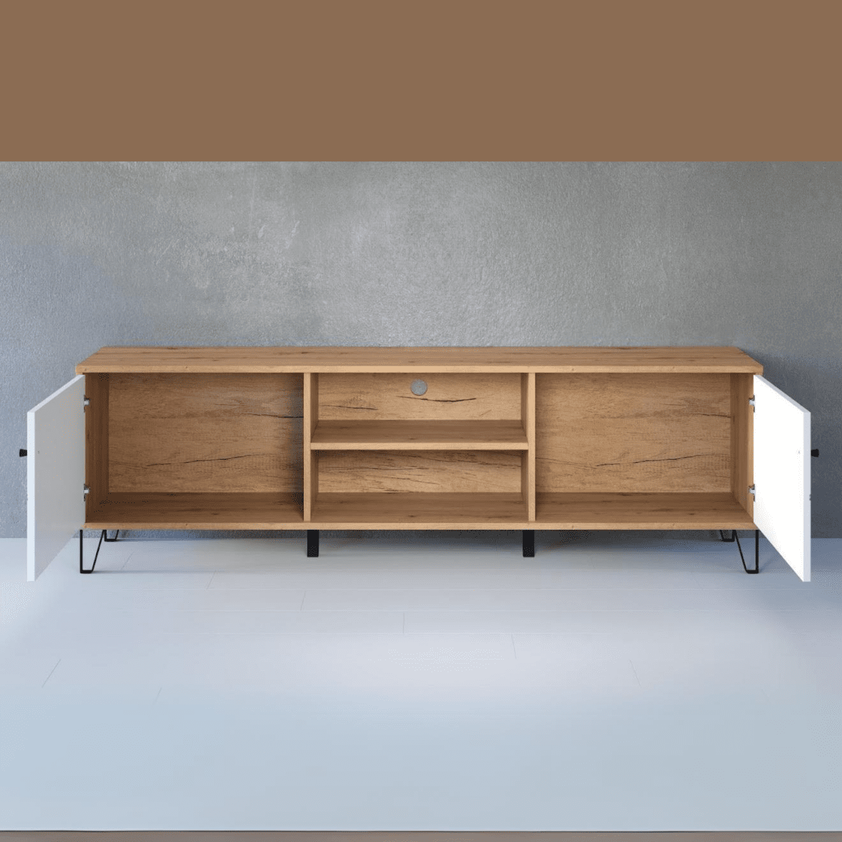 Set mobili da soggiorno "Living Bollo" in legno rovere artisan e bianco - MondoViro