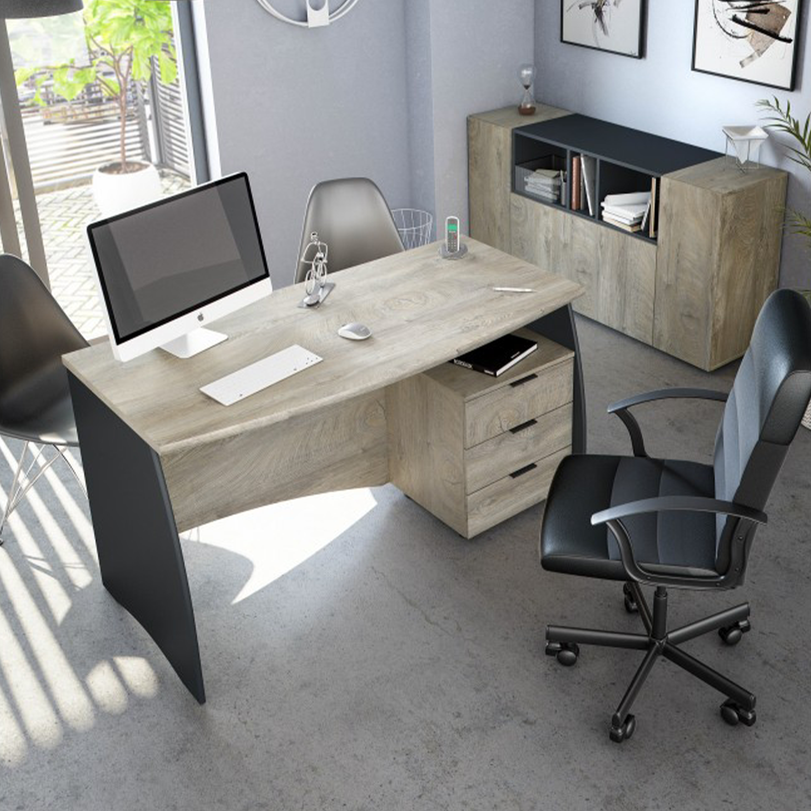 Scrivania in truciolare rovere Estil con cassettiera a 3 cassetti cm 136x67 74h