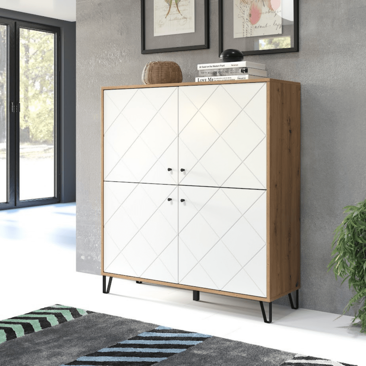 Set mobili da soggiorno "Living Bollo" in legno rovere artisan e bianco - MondoViro