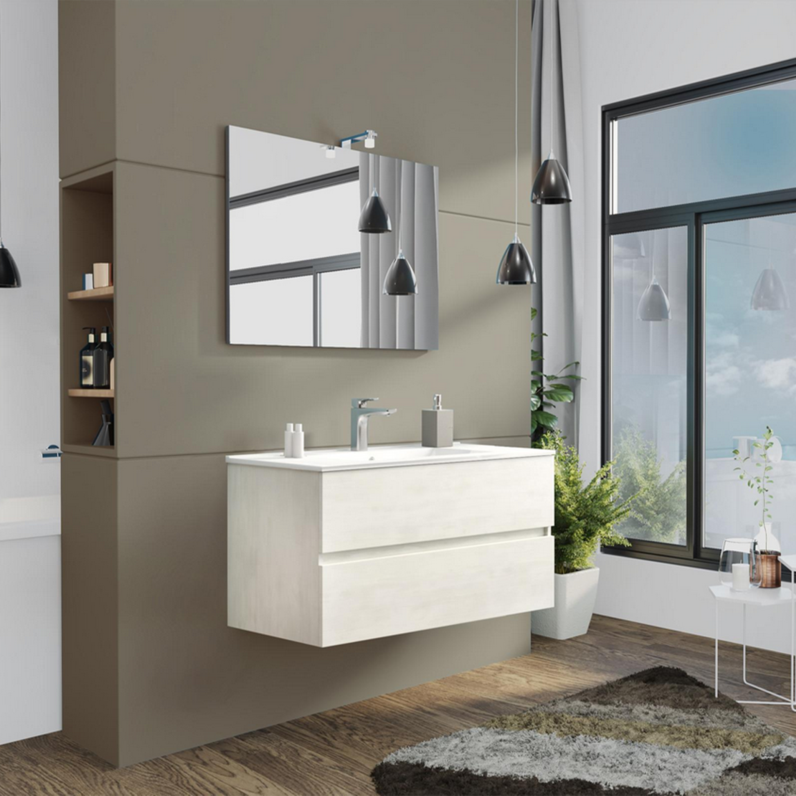 Mobile sotto lavabo sospeso "New Splash" cassettiera in truciolare con specchio