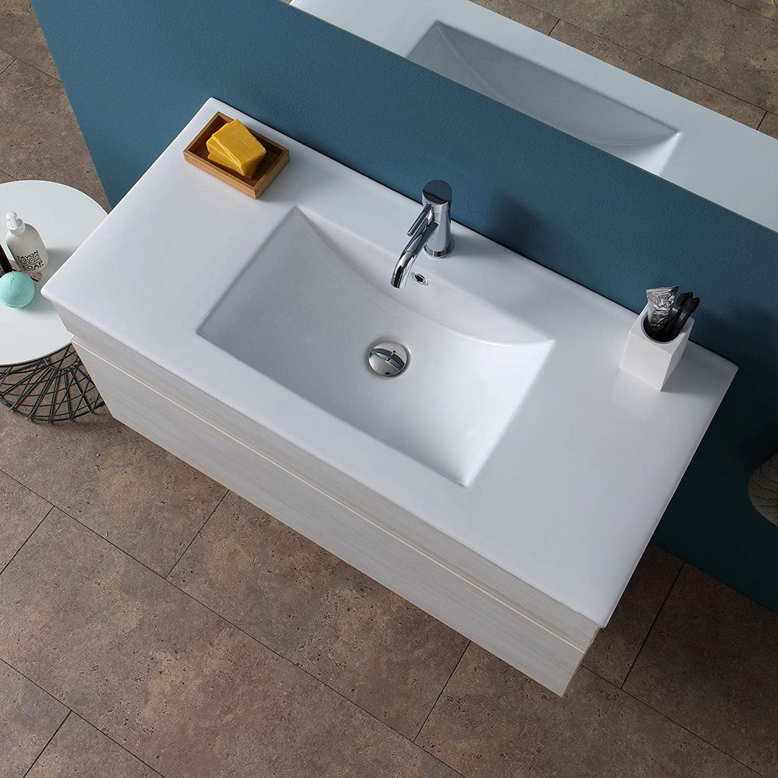 Mobile da bagno sospeso "Bogotà" con lavabo in ceramica cassettiera e specchio led