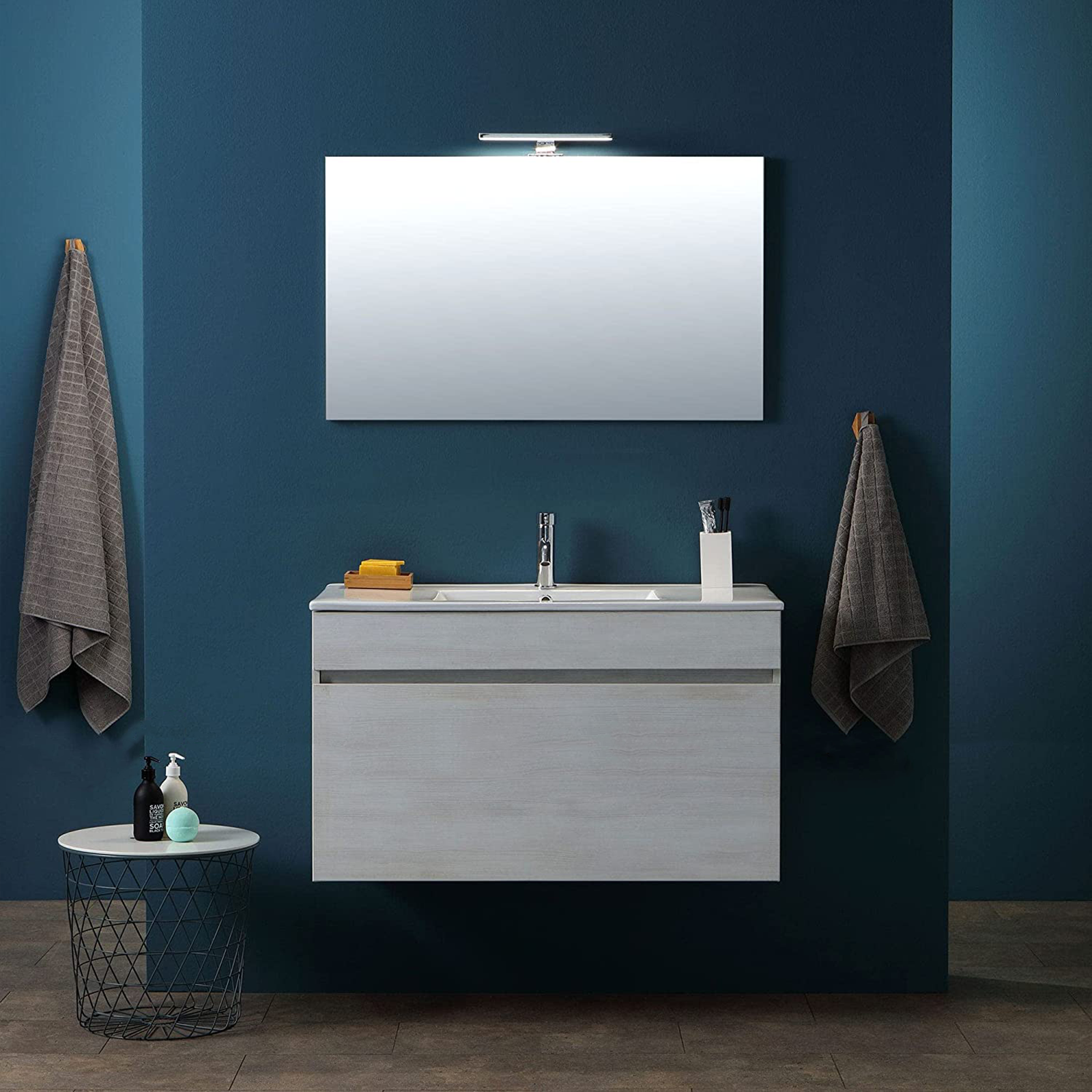 Mobile da bagno sospeso "Bogotà" con lavabo in ceramica cassettiera e specchio led