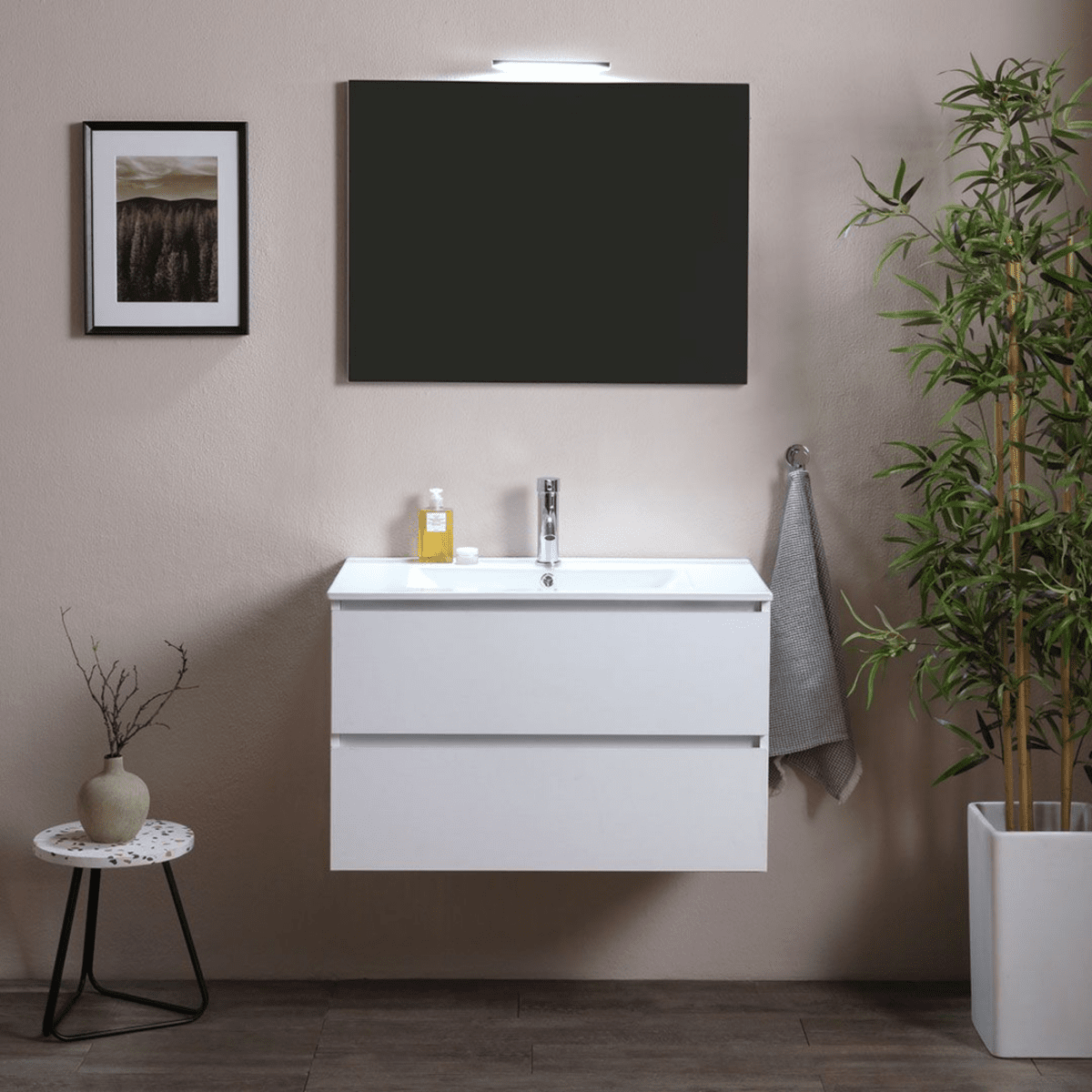 Mobile da bagno bianco "Belize80" sospeso con due cassetti e lavabo in ceramica - MondoViro