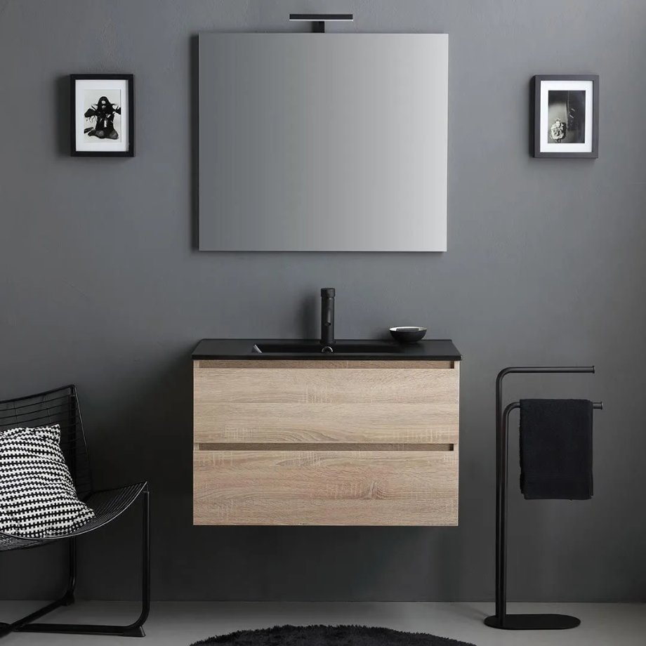 Mobile bagno sospeso 2 cassetti "Berlino80" color rovere con lavabo nero e specchio