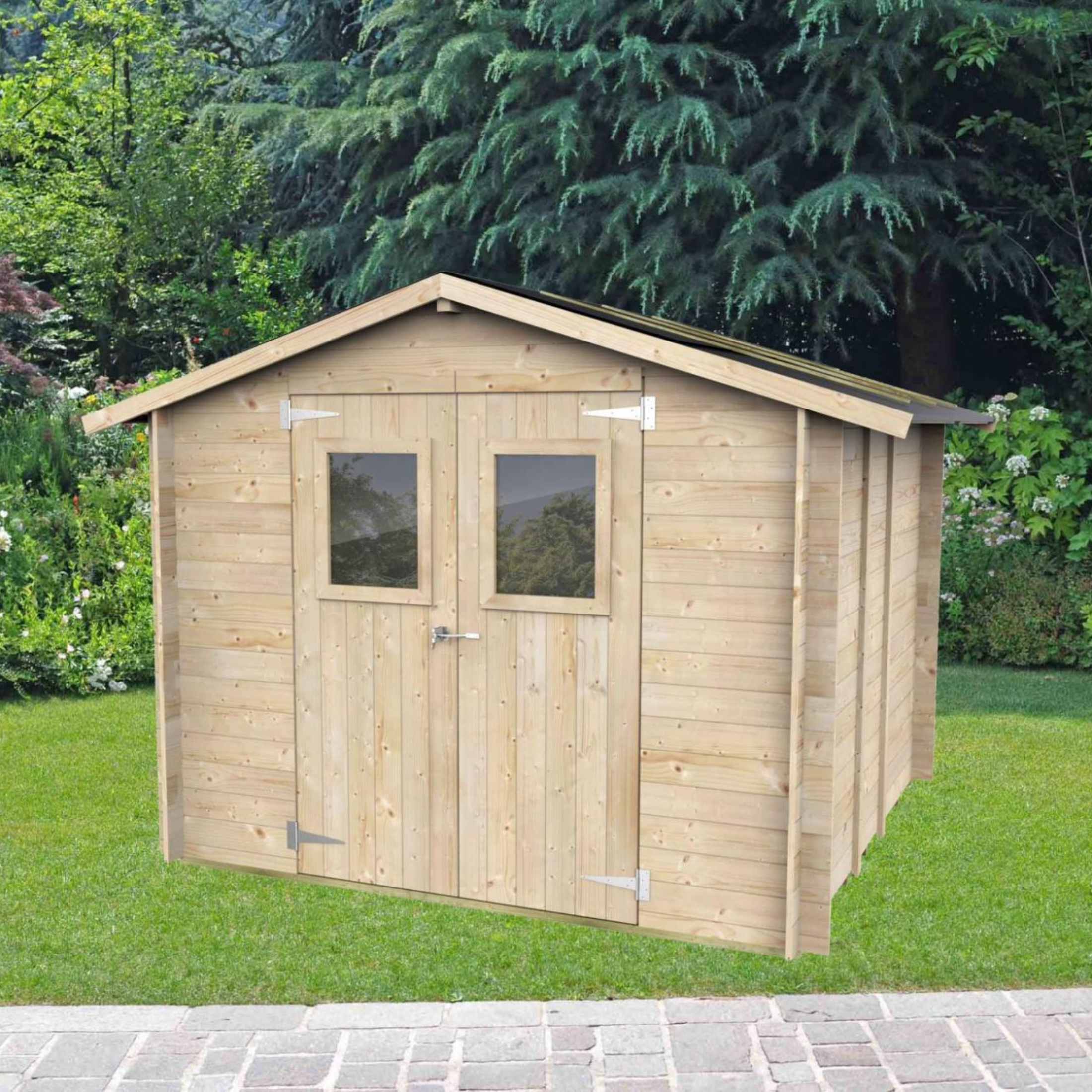 Casetta in legno da giardino "Hobby" cm 248x248 217h porta doppia finestrata