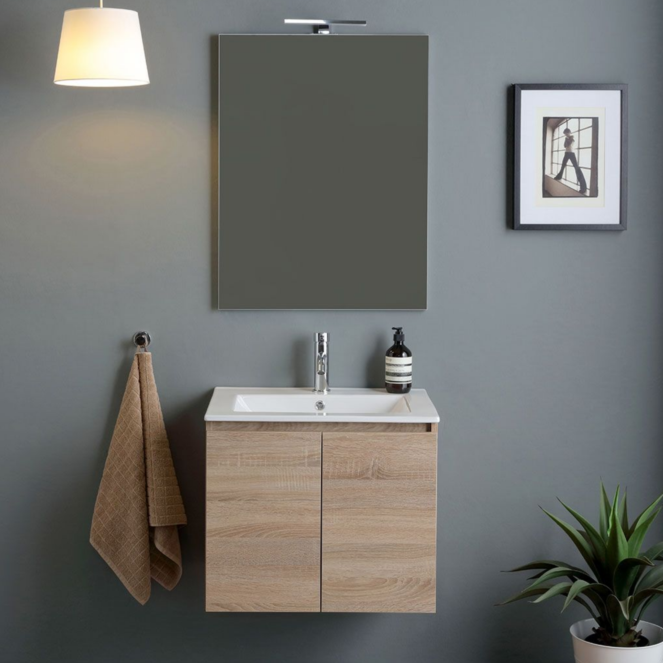 Mobile bagno sospeso 60 cm rovere "Belize" con 2 ante lavabo in ceramica e specchio 60x80 cm