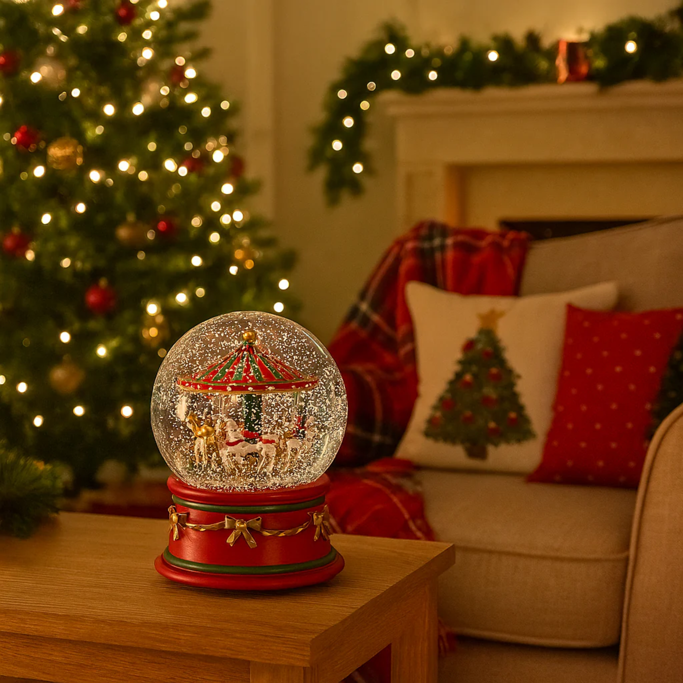 Palla con acqua e brillantini con carosello immerso cm 12x12 15,8h