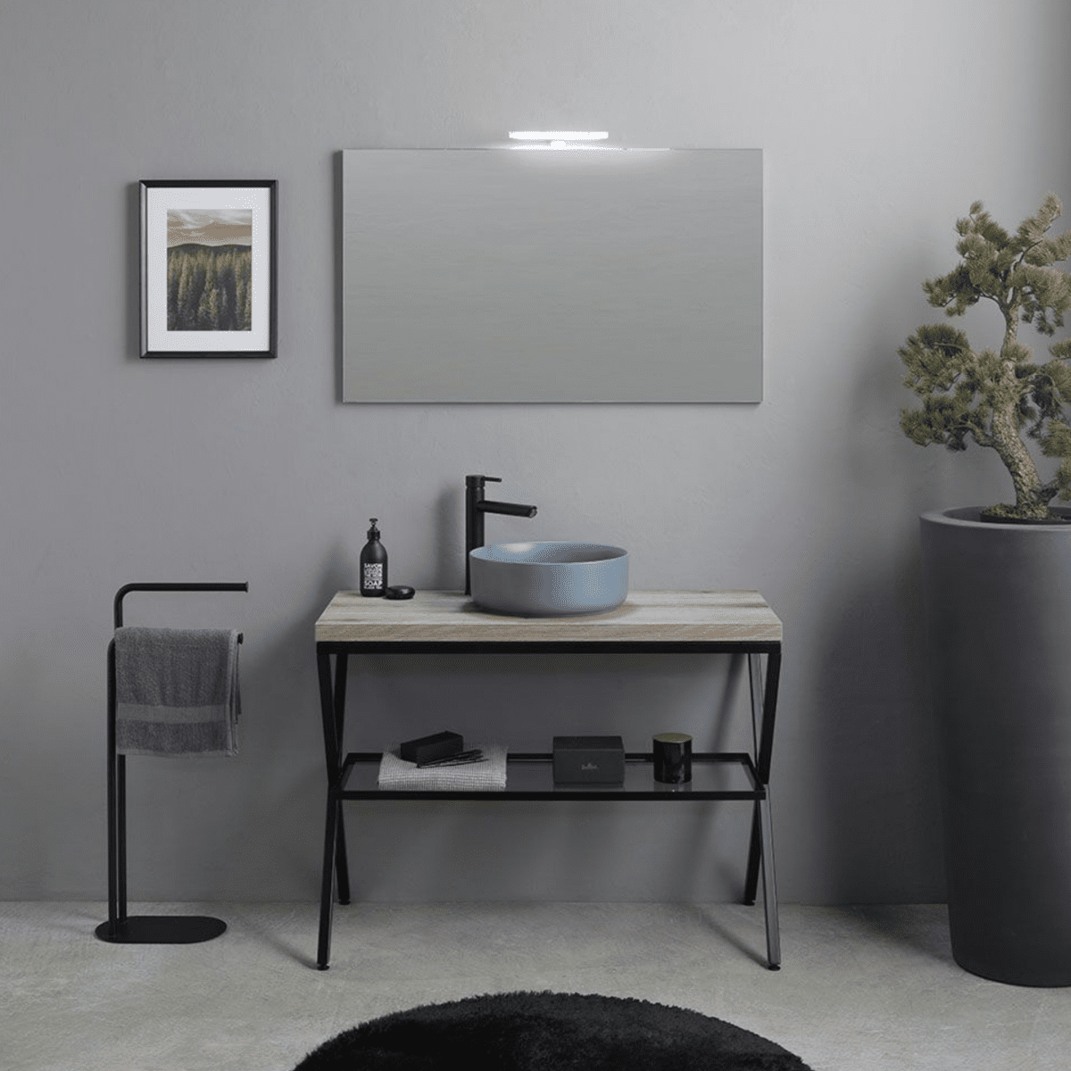 Mobile bagno a terra rovere fossile "Medellín" 100 cm con lavabo grigio rotondo in ceramica e specchio rettangolare - MondoViro