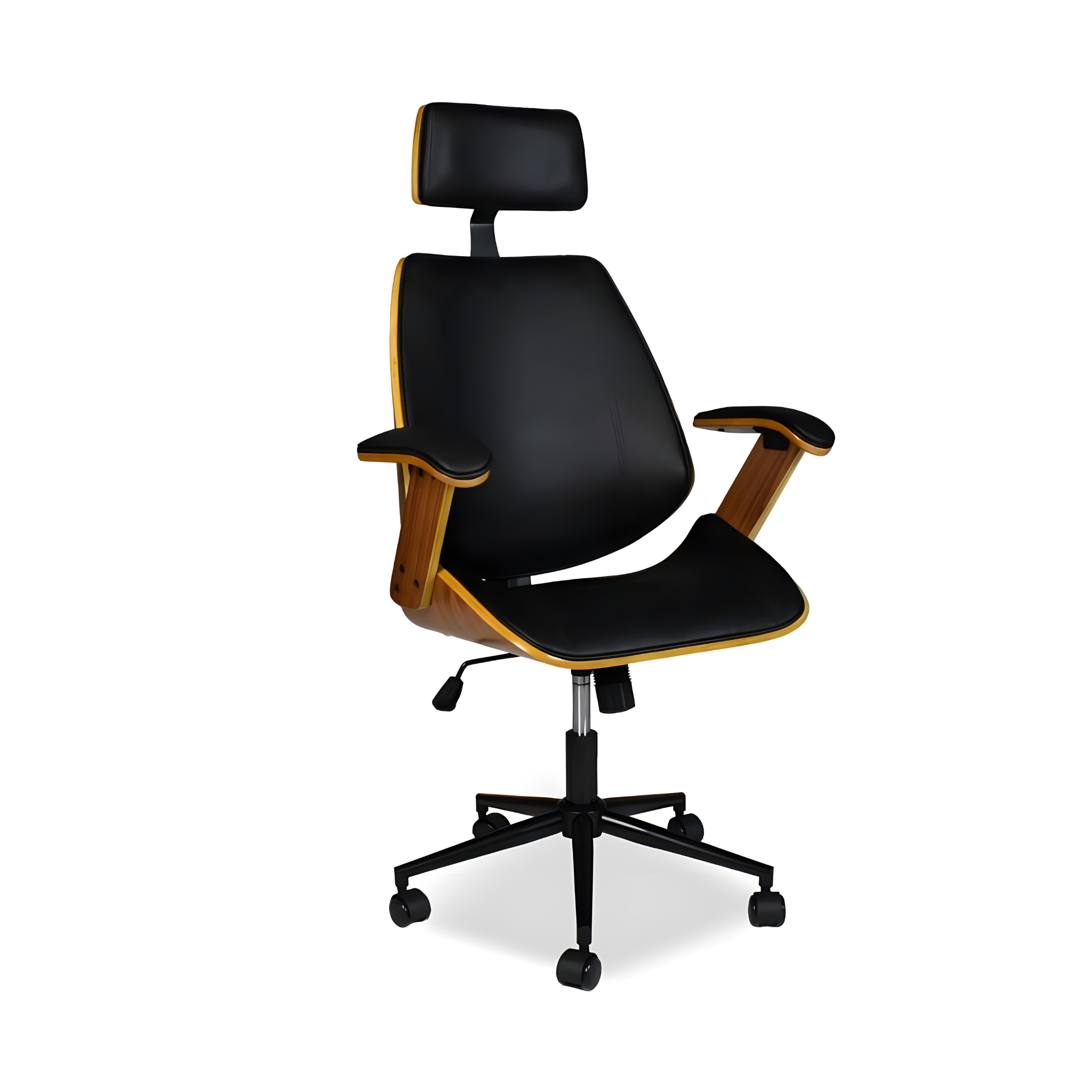Sedia da ufficio girevole "James" in pelle nera con struttura e braccioli effetto legno cm 66x50 118h