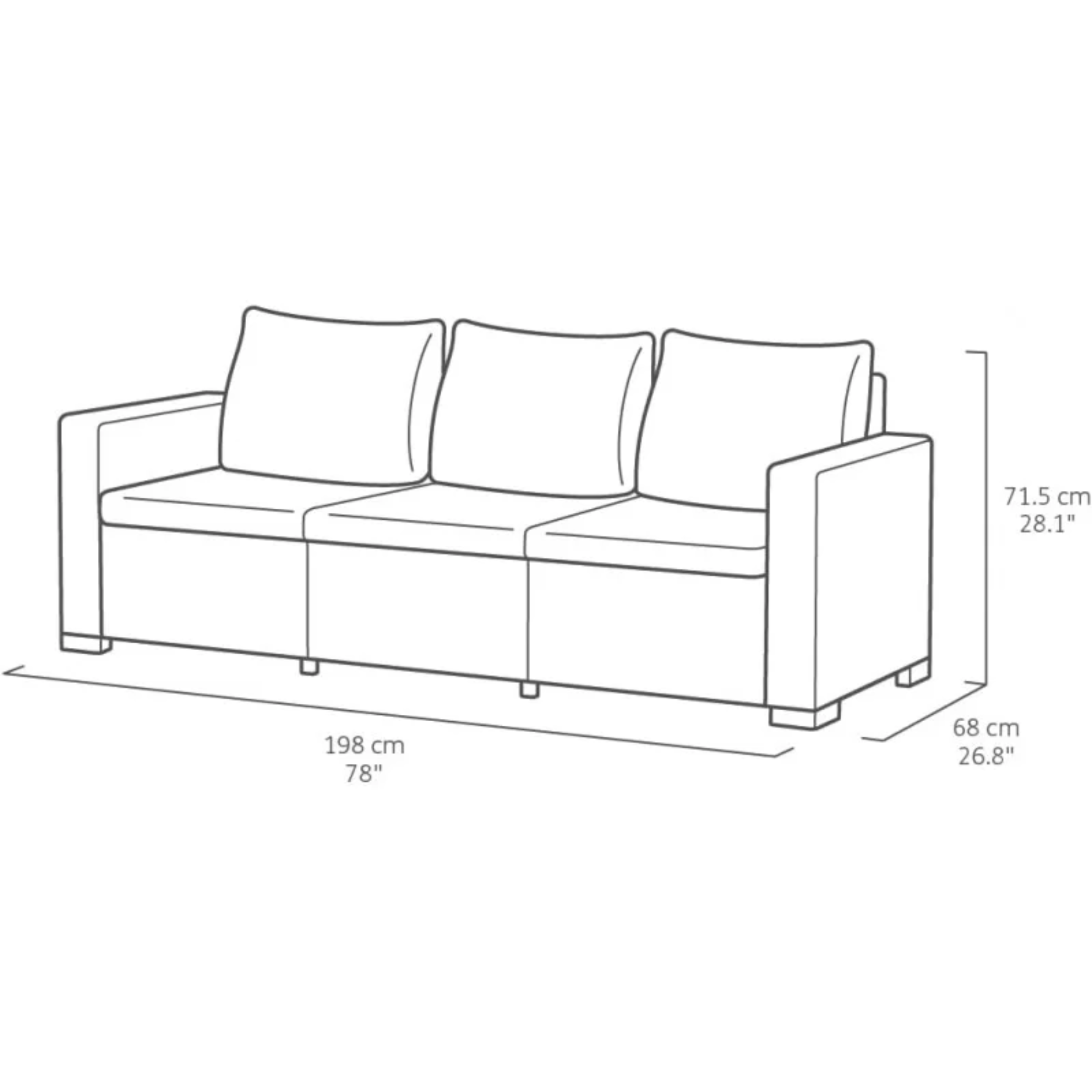 Divano 3 posti da giardino "California" in resina effetto rattan con cuscini cm 198x68 71,5h