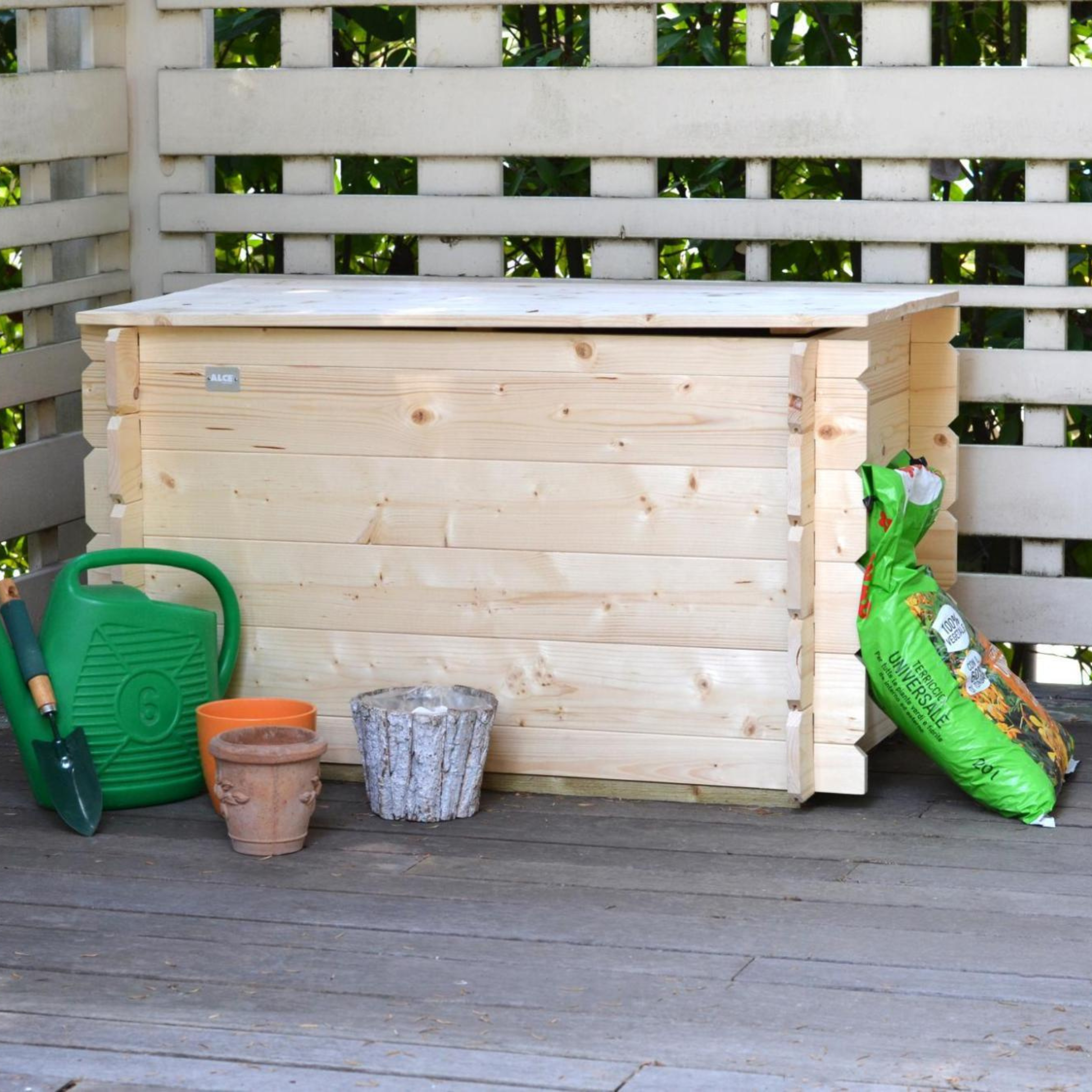 Cassapanca in legno naturale "Giunone" da giardino apertura a battente cm 98x60 54h