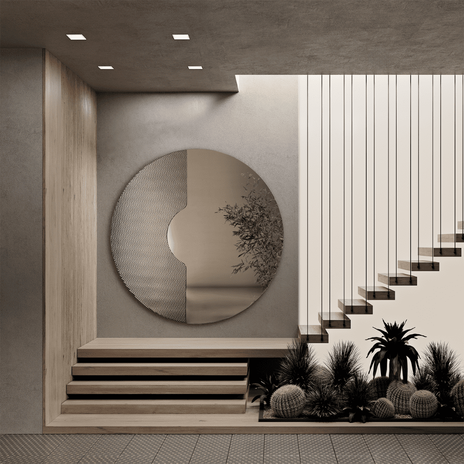 Specchio da parete tondo "Ilia" con inserto a rete per ambienti moderni - MondoViro