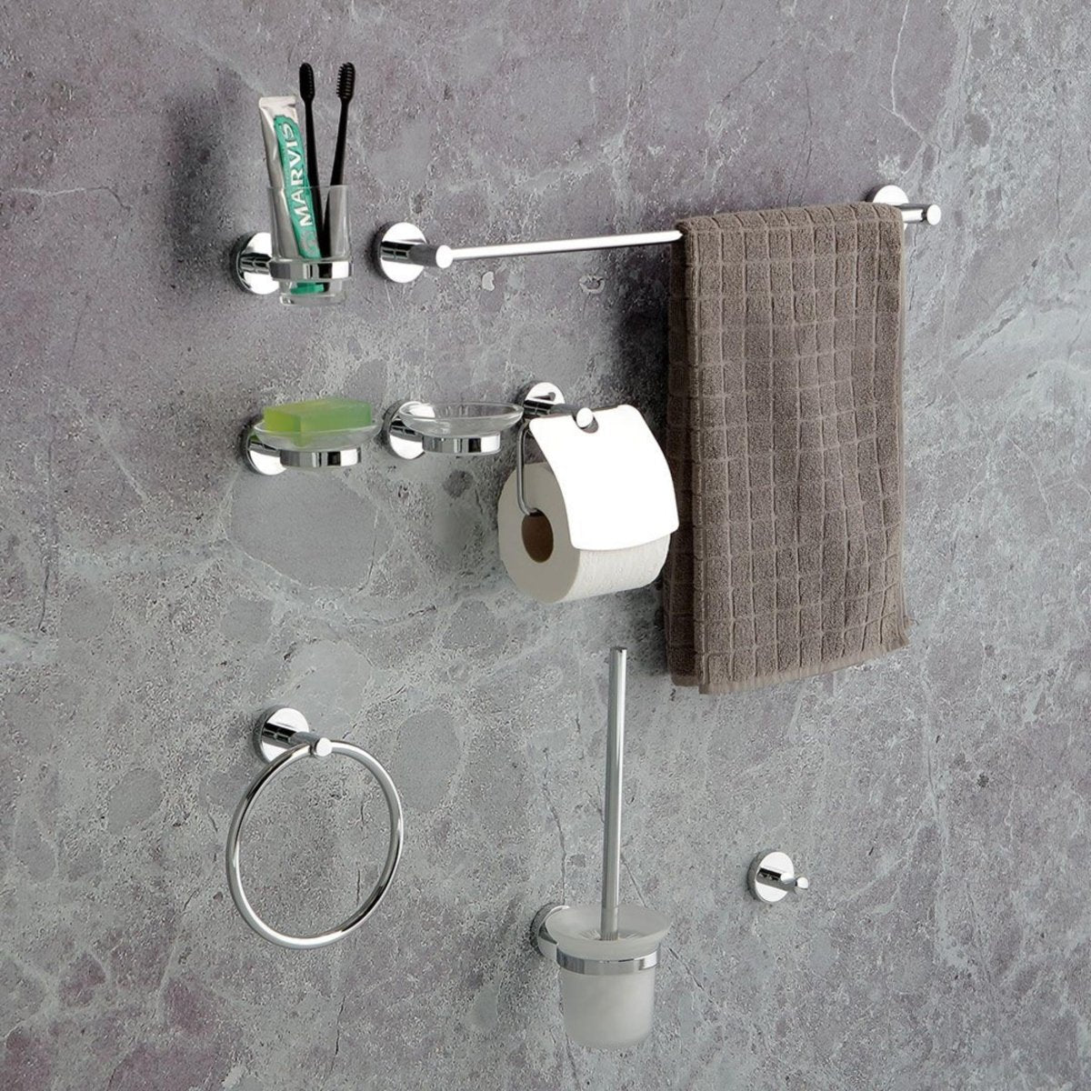Set da 8 accessori per il bagno "Lukas" in metallo cromato da parete - MondoViro