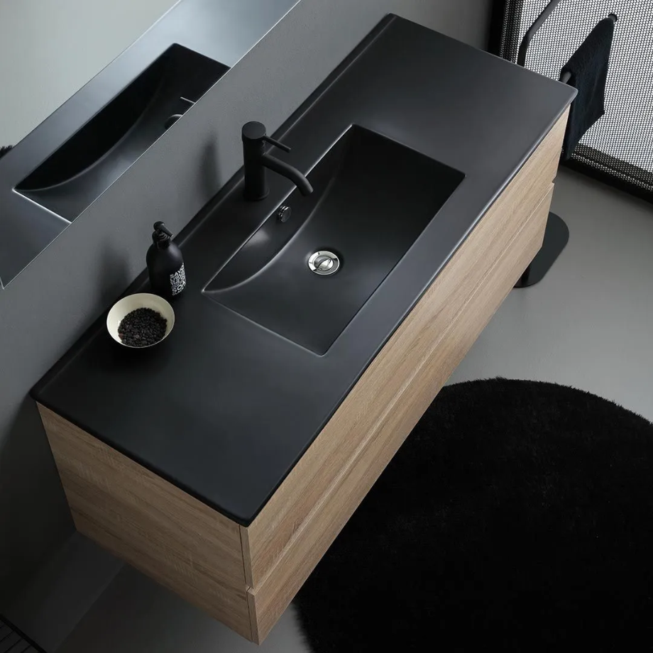 Mobile bagno sospeso 2 cassetti "Berlino120" color rovere con lavabo nero e specchio