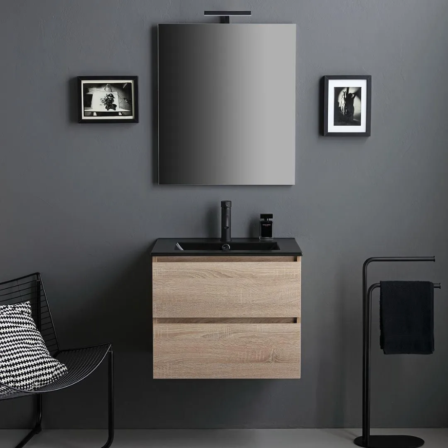 Mobile bagno sospeso 2 cassetti "Berlino60" color rovere con lavabo nero e specchio