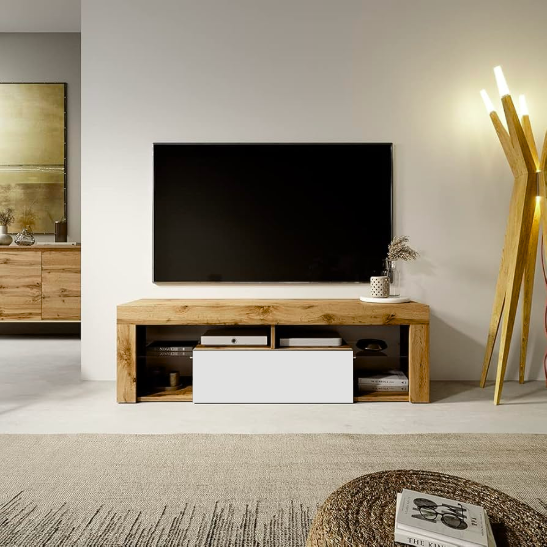Mobile porta tv "Hugo" in legno rovere e bianco cm 140x35 50h