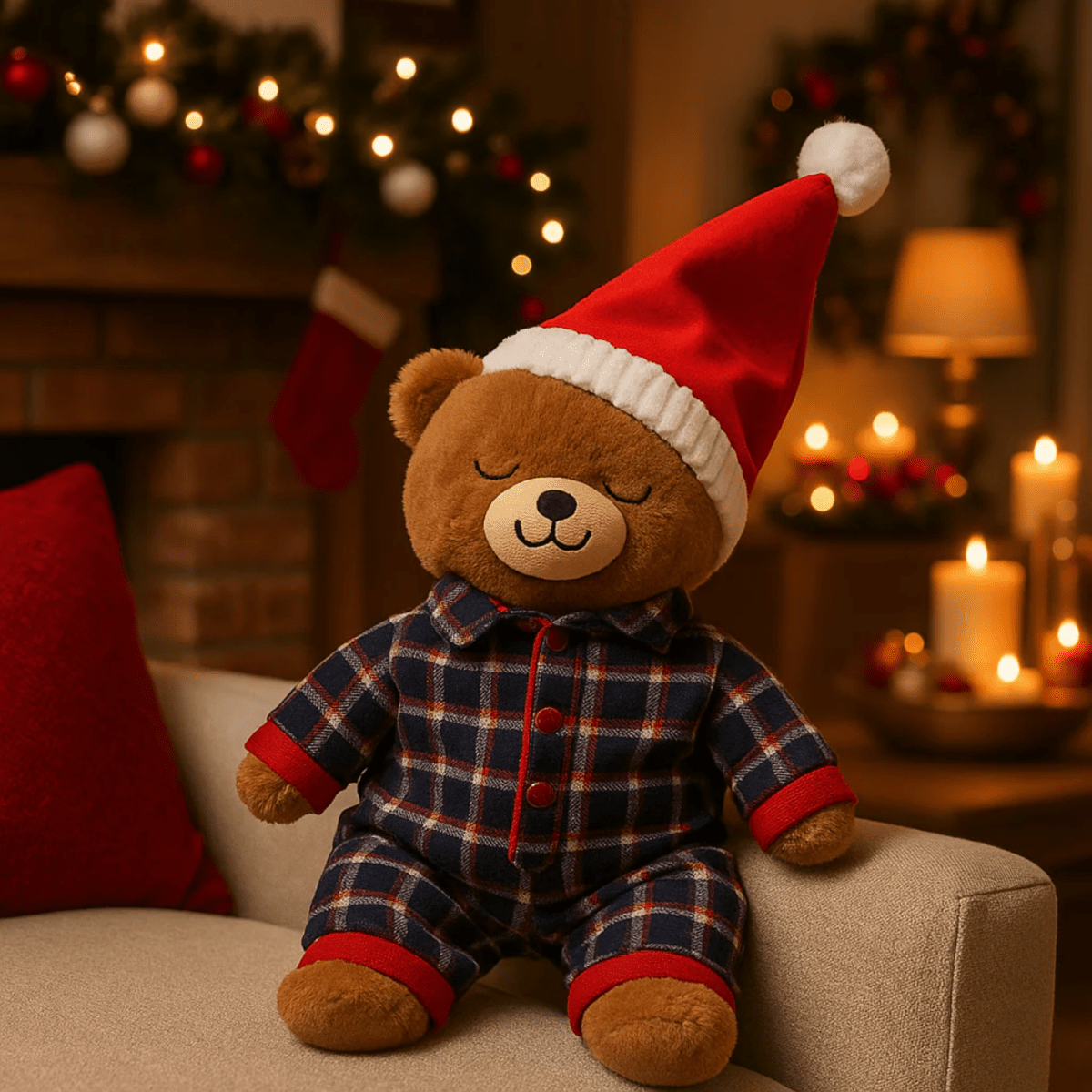 Orsetto natalizio con pigiama e cappello di Babbo Natale, decorazione morbida cm 30h - MondoViro
