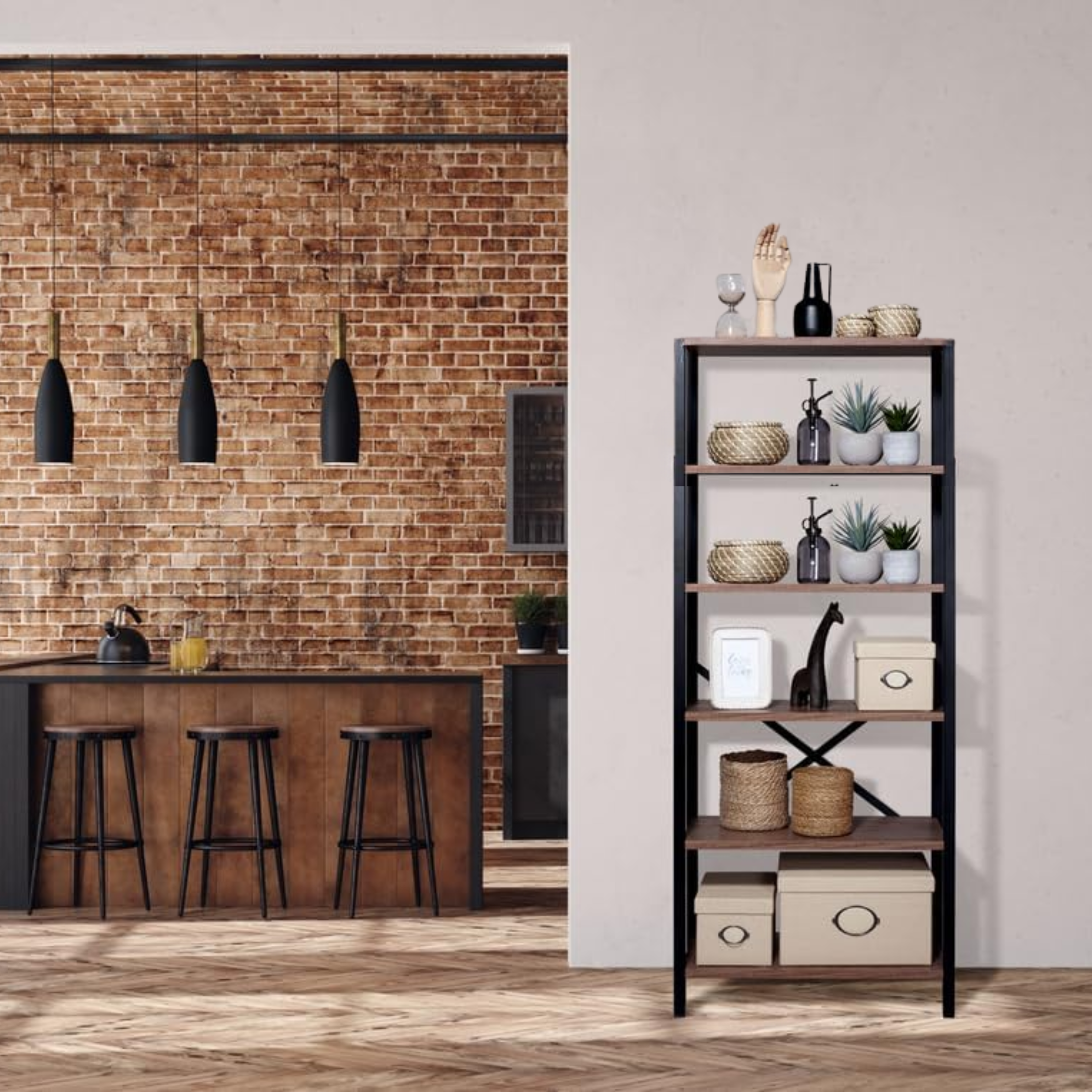 Scaffale libreria "Industrial" in legno di quercia e metallo cm 80x30x180h