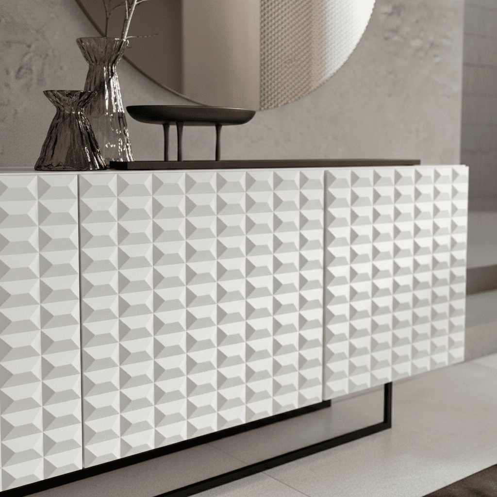 Madia da soggiorno bianca "Palatina" con slitta in metallo nera - MondoViro